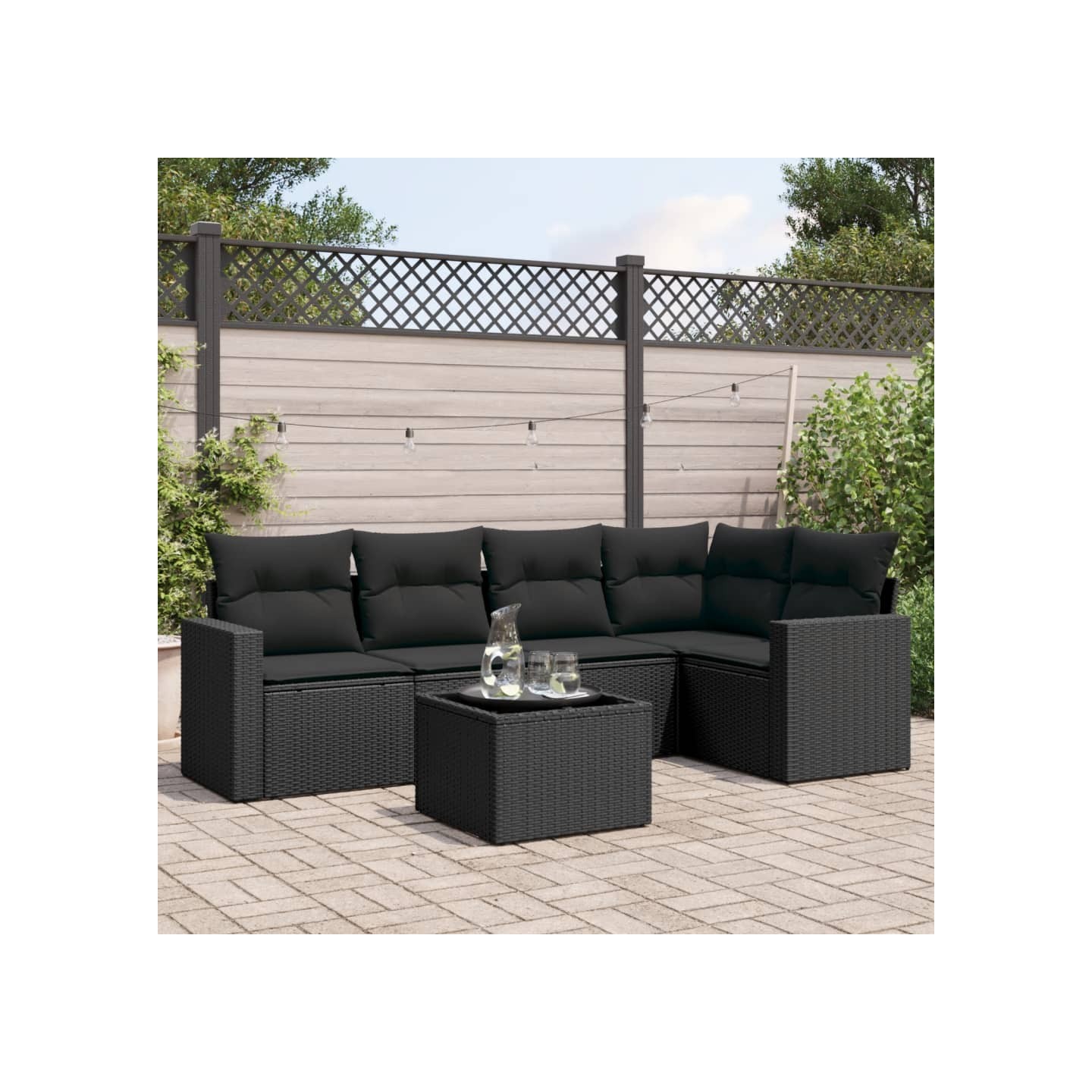 Salon de jardin 6 pcs avec coussins noir résine tressée