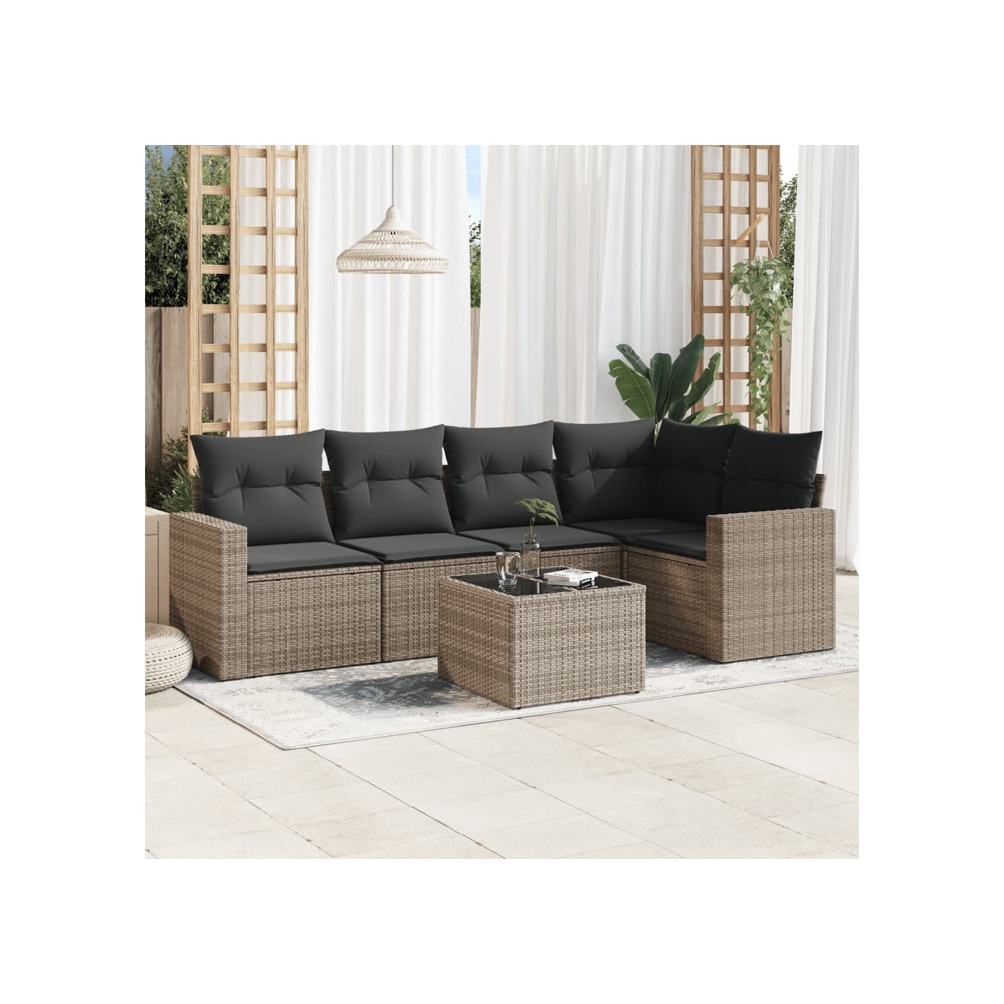 Salon de jardin 6 pcs avec coussins gris résine tressée