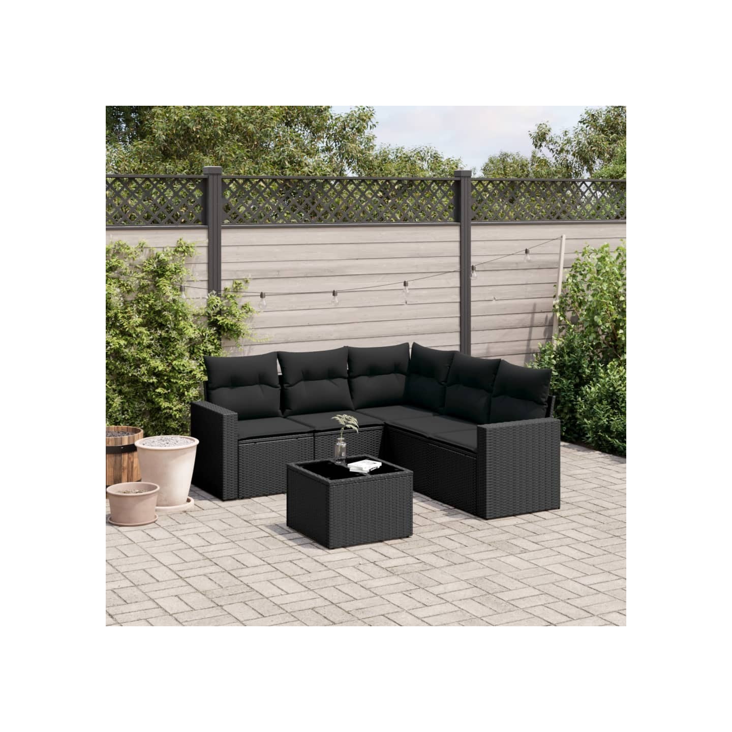 Salon de jardin 6 pcs avec coussins noir résine tressée