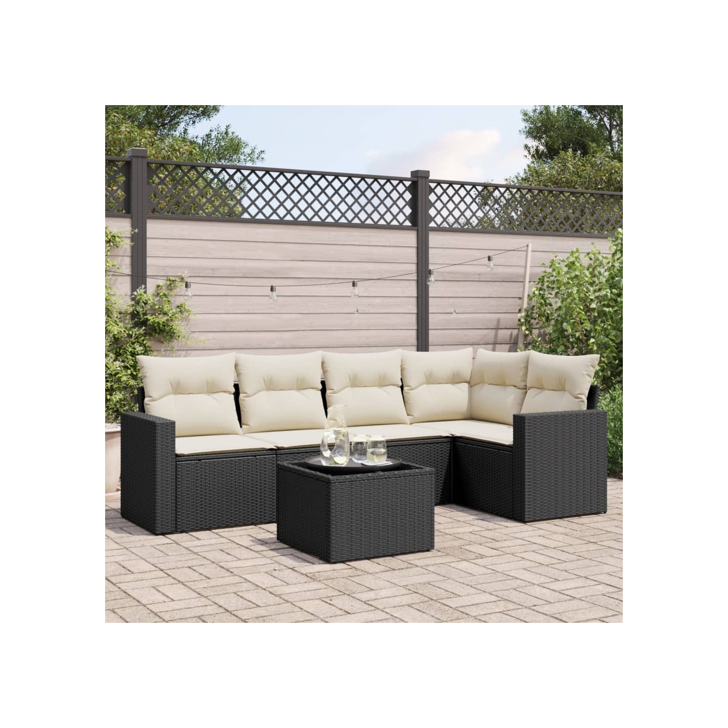Salon de jardin 6 pcs avec coussins noir résine tressée