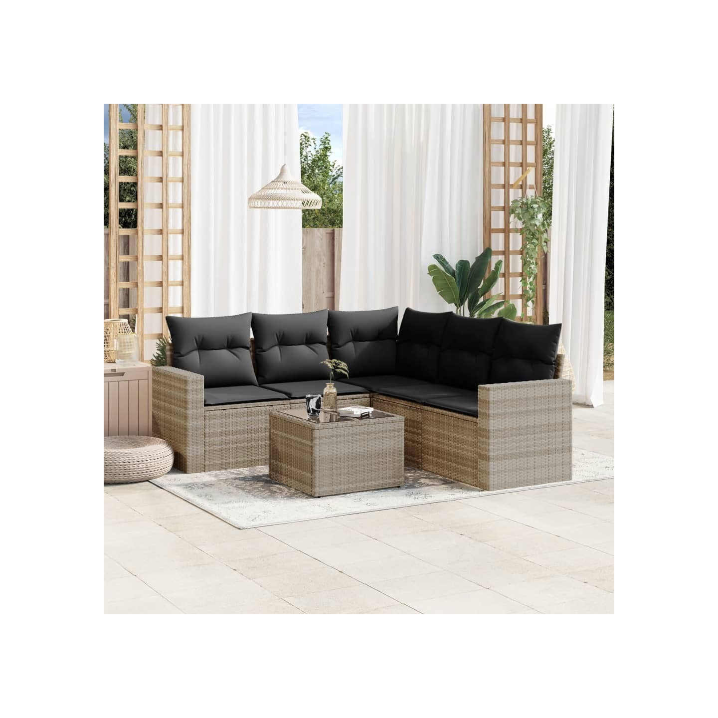 Salon de jardin 6 pcs avec coussins gris clair résine tressée