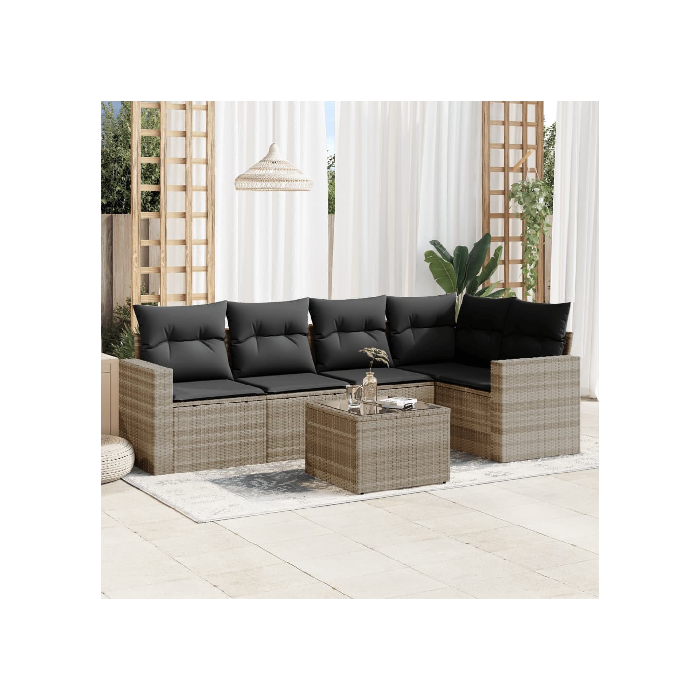 Salon de jardin 6 pcs avec coussins gris clair résine tressée