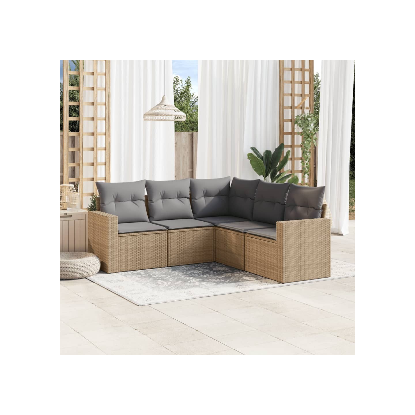 Salon de jardin avec coussins 5 pcs beige résine tressée