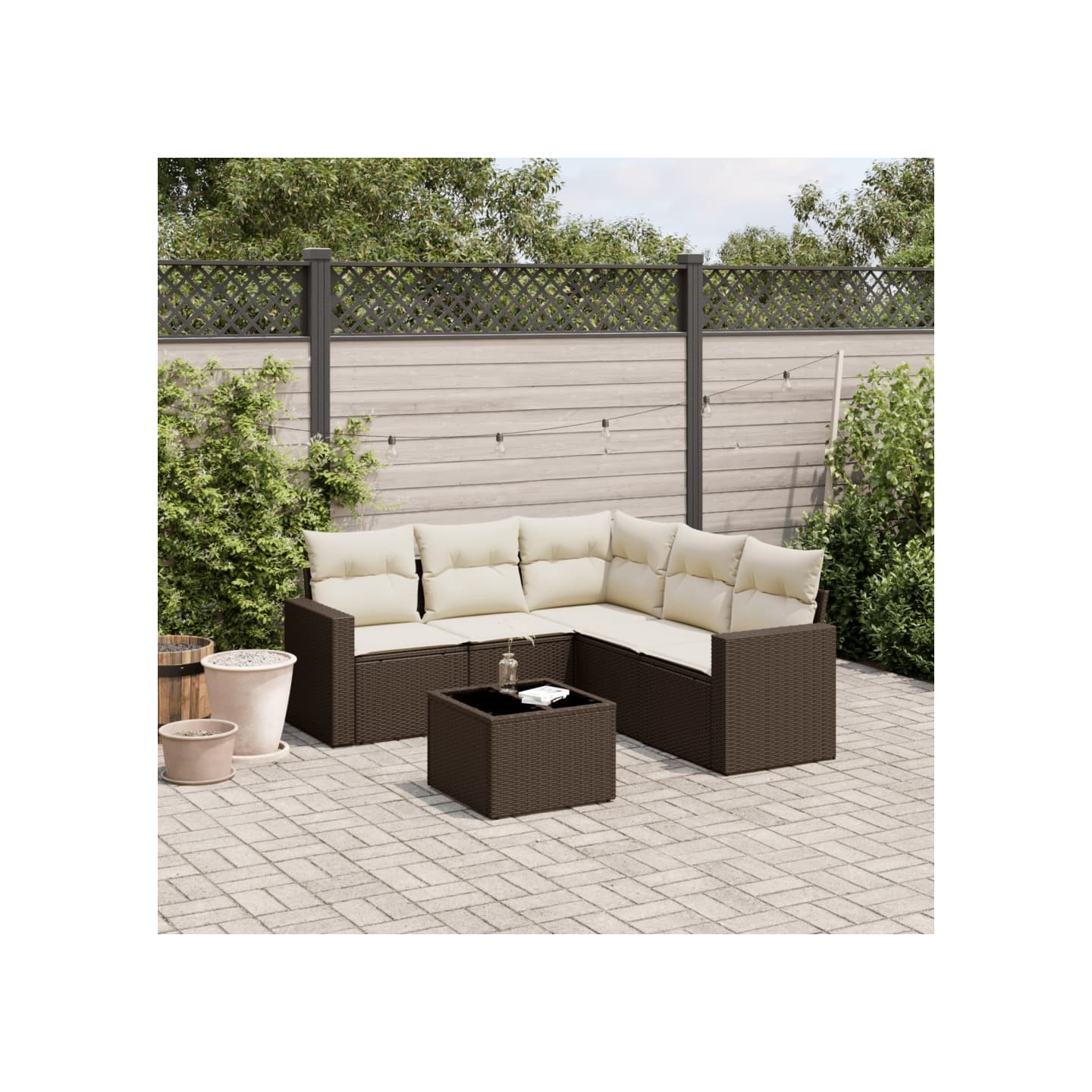 Salon de jardin avec coussins 6 pcs marron résine tressée