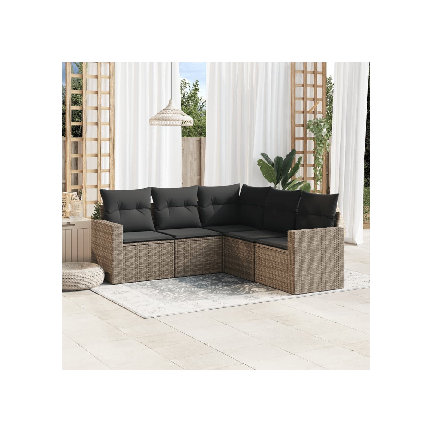 Salon de jardin 5 pcs avec coussins gris résine tressée