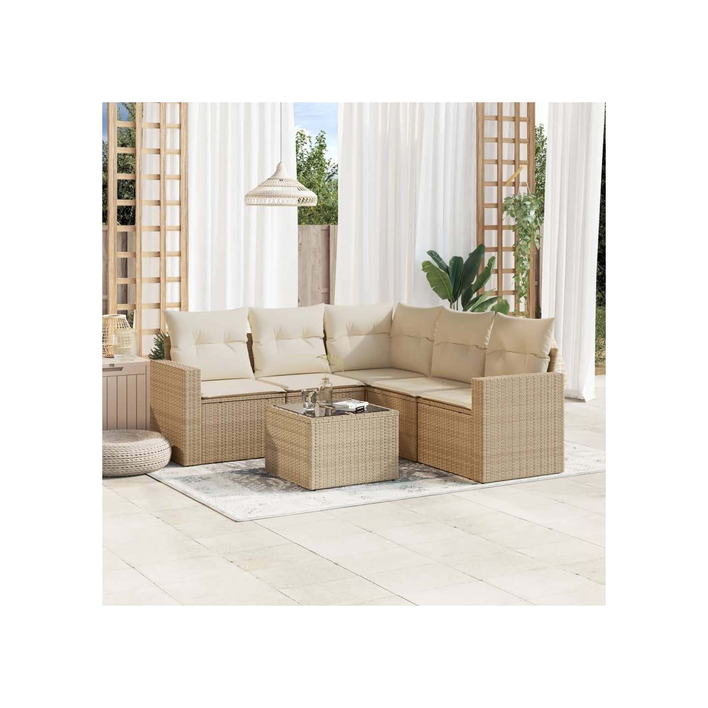 Salon de jardin avec coussins 6 pcs beige résine tressée