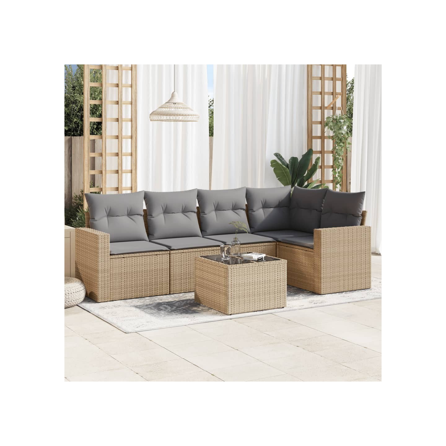 Salon de jardin avec coussins 6 pcs beige résine tressée