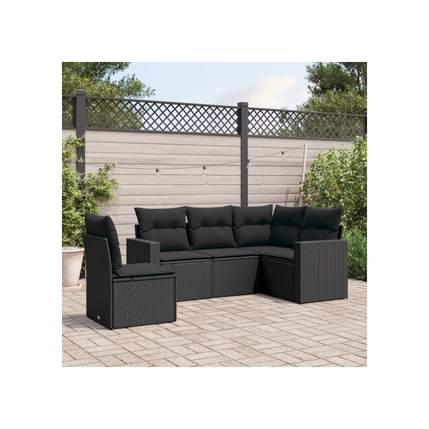 Salon de jardin 5 pcs avec coussins noir résine tressée