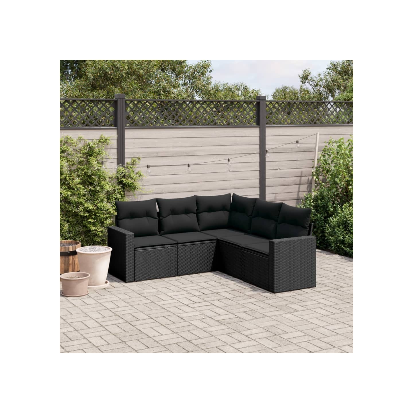 Salon de jardin 5 pcs avec coussins noir résine tressée