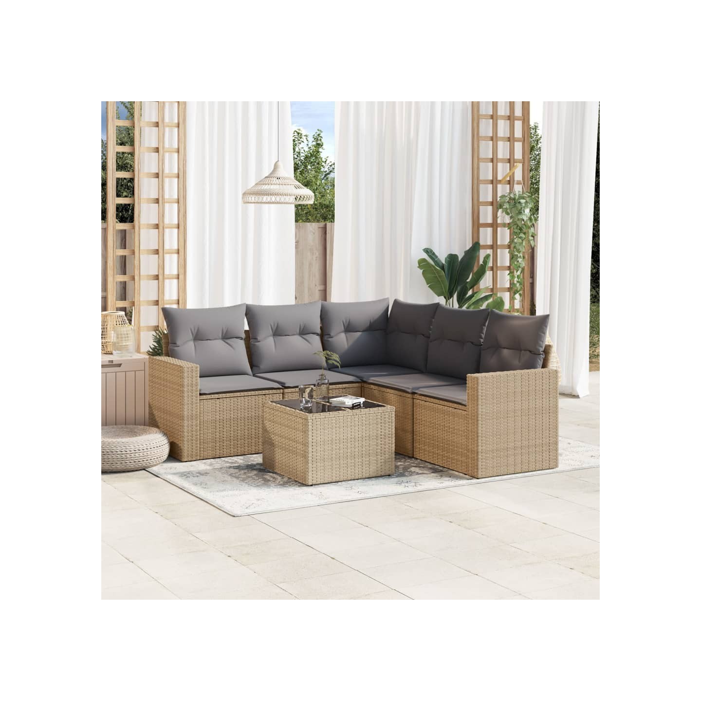 Salon de jardin avec coussins 6 pcs beige résine tressée