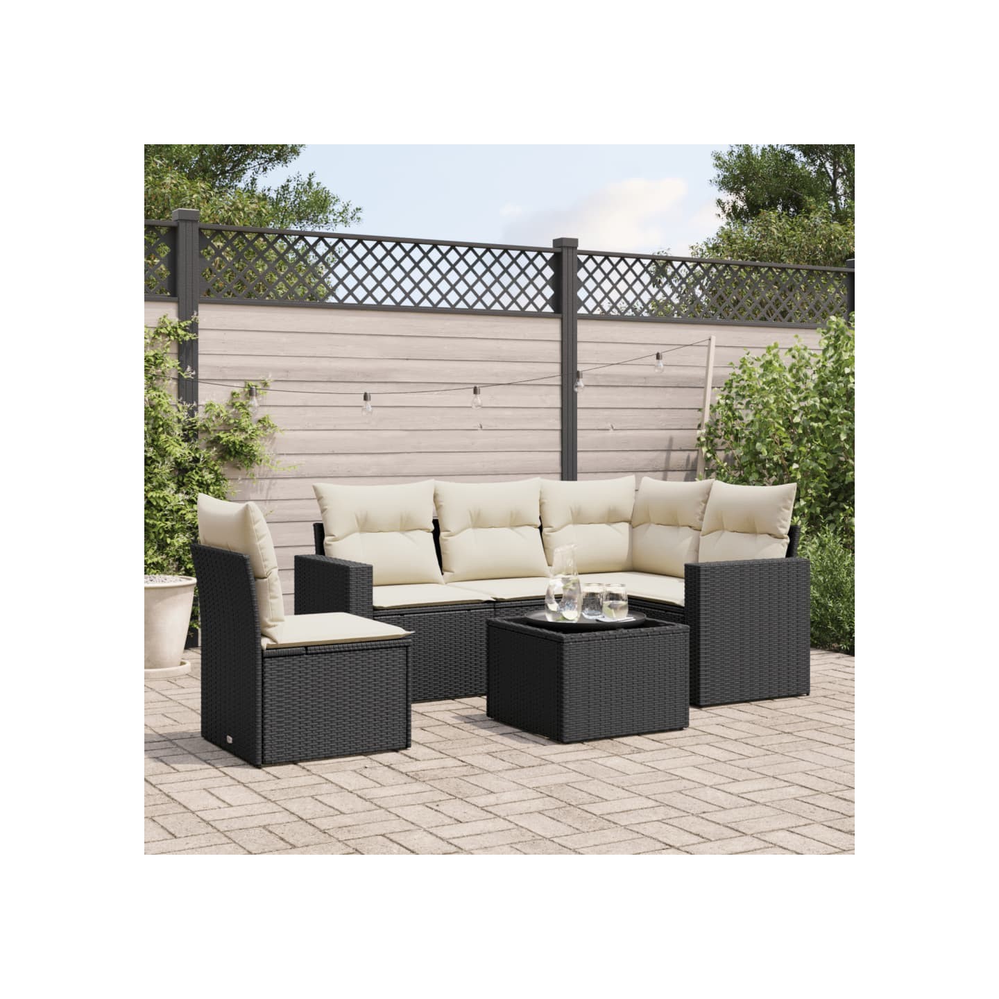 Salon de jardin 6 pcs avec coussins noir résine tressée