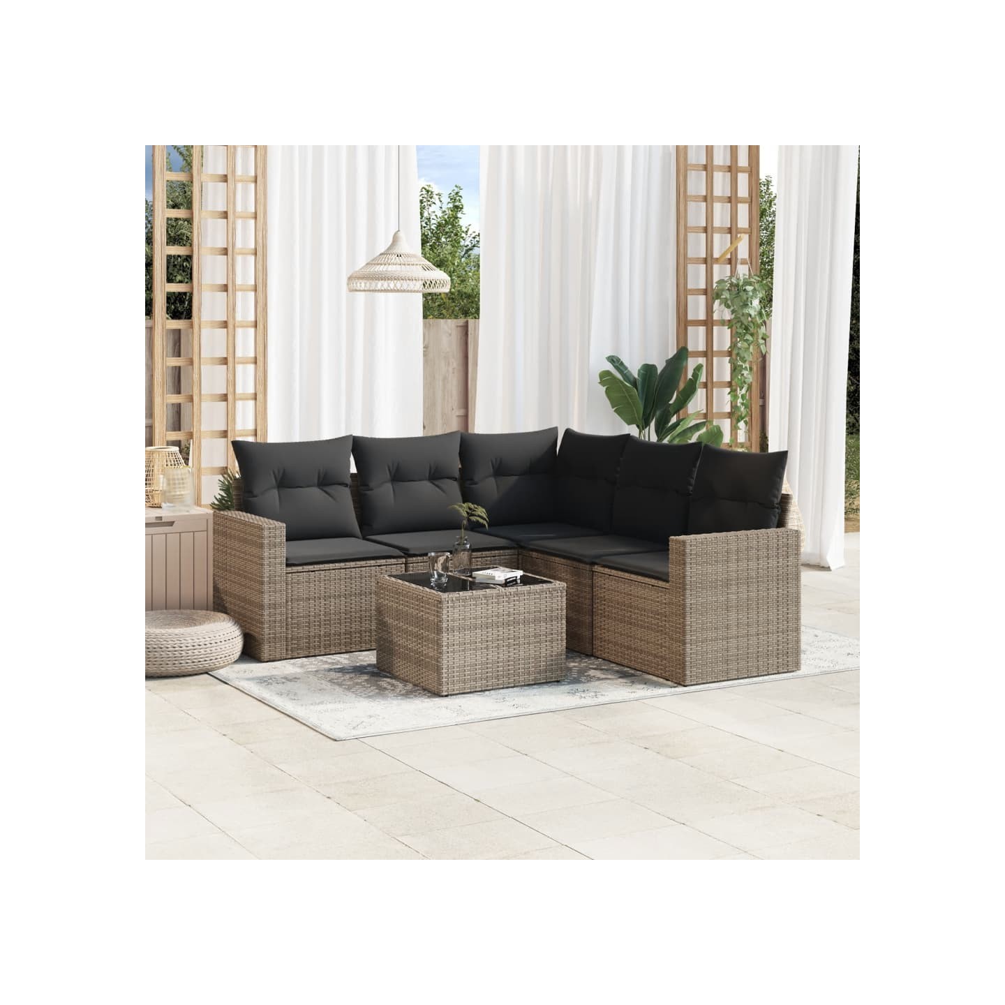 Salon de jardin 6 pcs avec coussins gris résine tressée