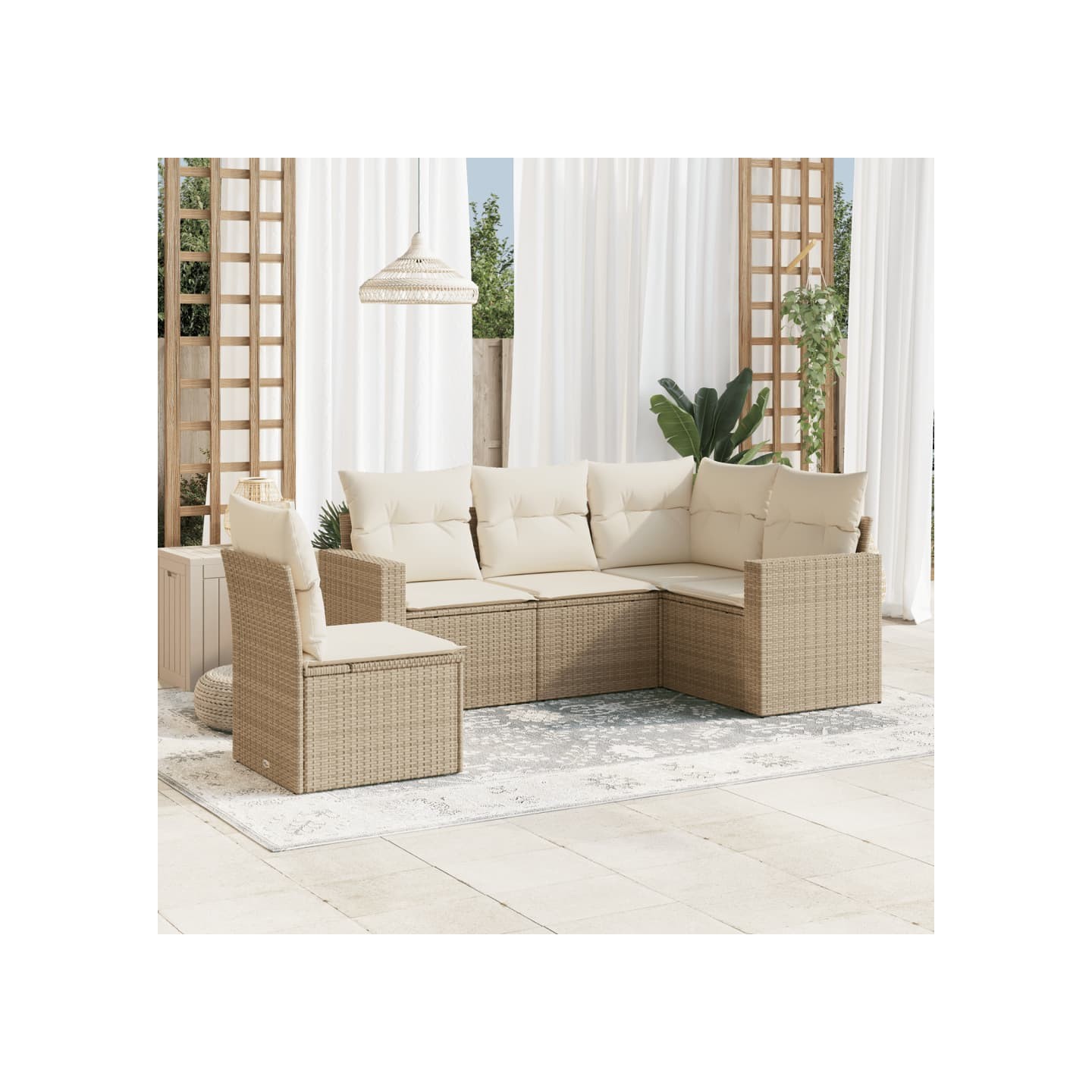 Salon de jardin avec coussins 5 pcs beige résine tressée
