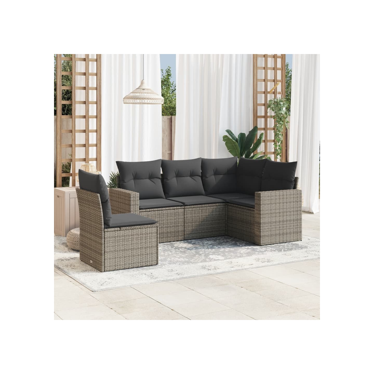 Salon de jardin 5 pcs avec coussins gris résine tressée