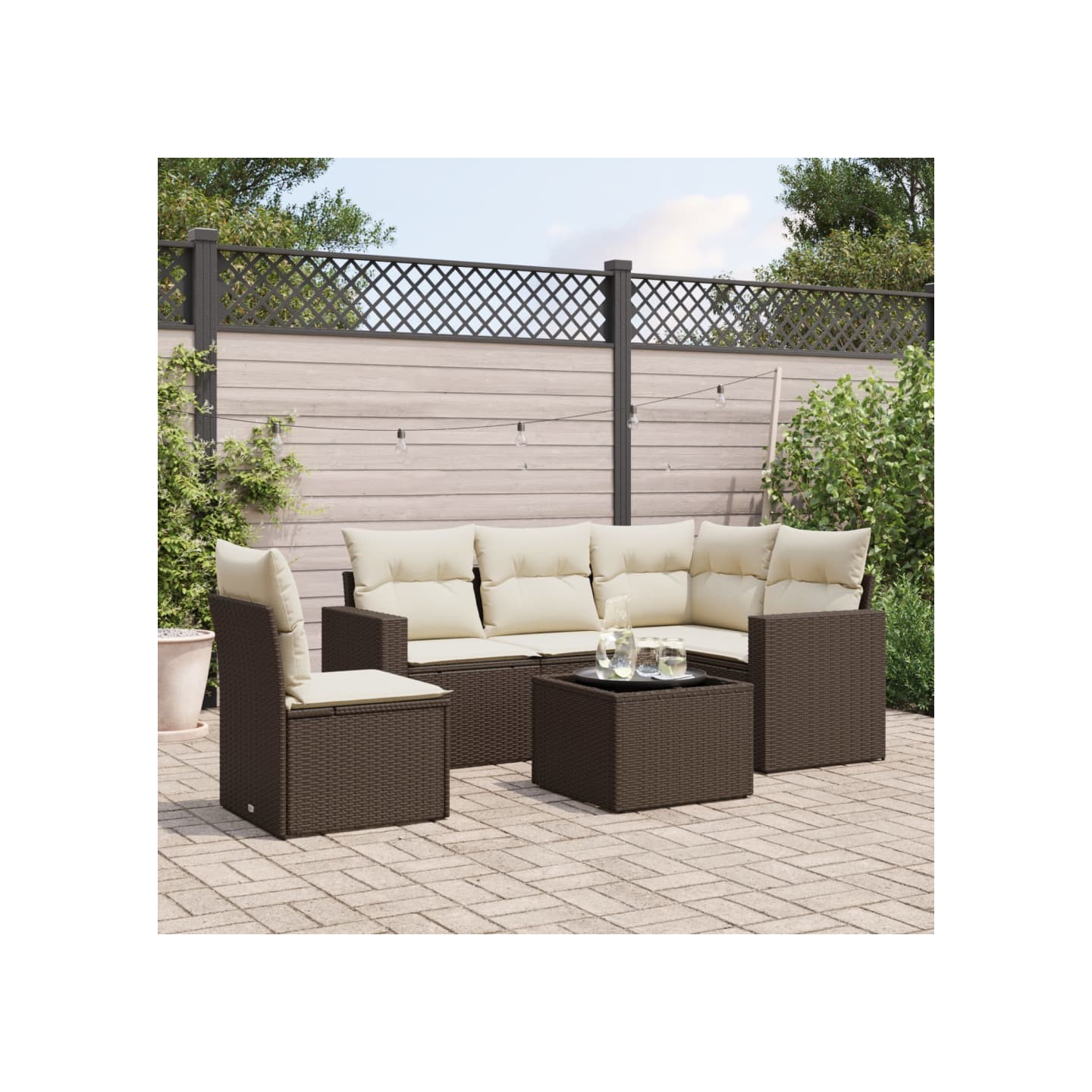 Salon de jardin avec coussins 6 pcs marron résine tressée