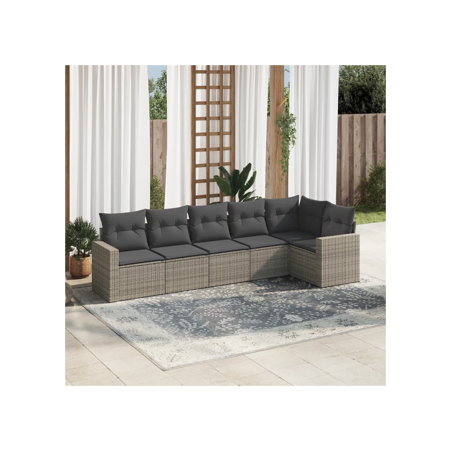 Salon de jardin 6 pcs avec coussins gris résine tressée
