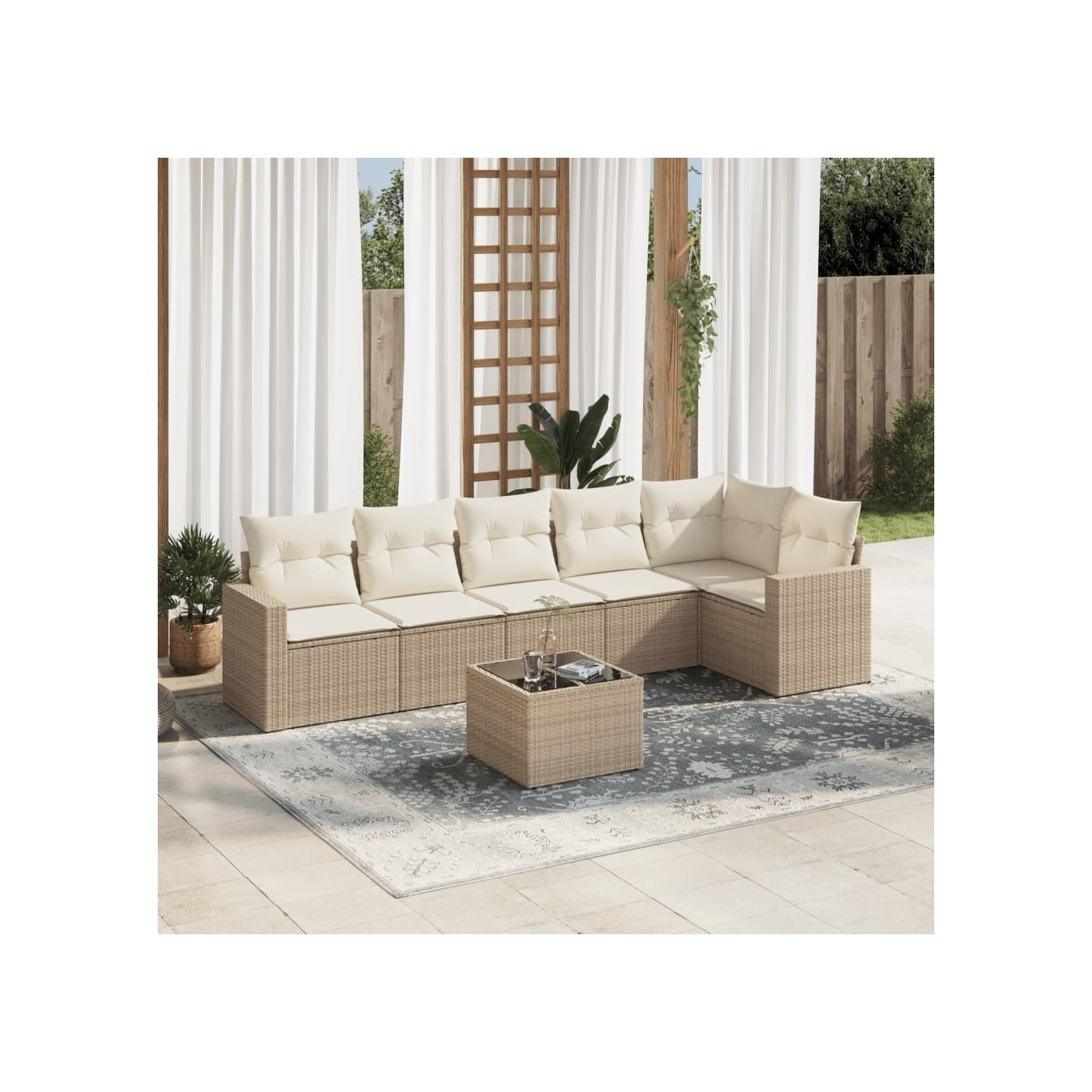 Salon de jardin avec coussins 7 pcs beige résine tressée