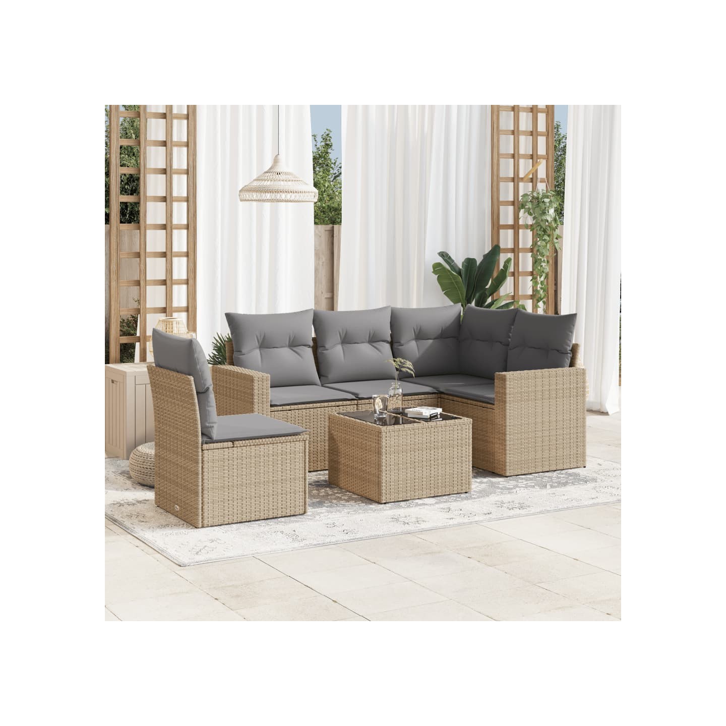 Salon de jardin avec coussins 6 pcs beige résine tressée