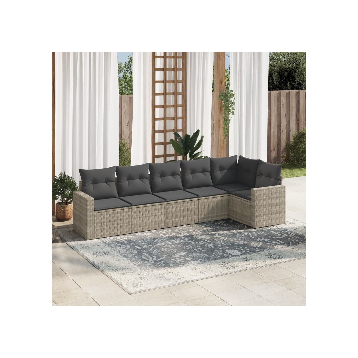 Salon de jardin 6 pcs avec coussins gris clair résine tressée