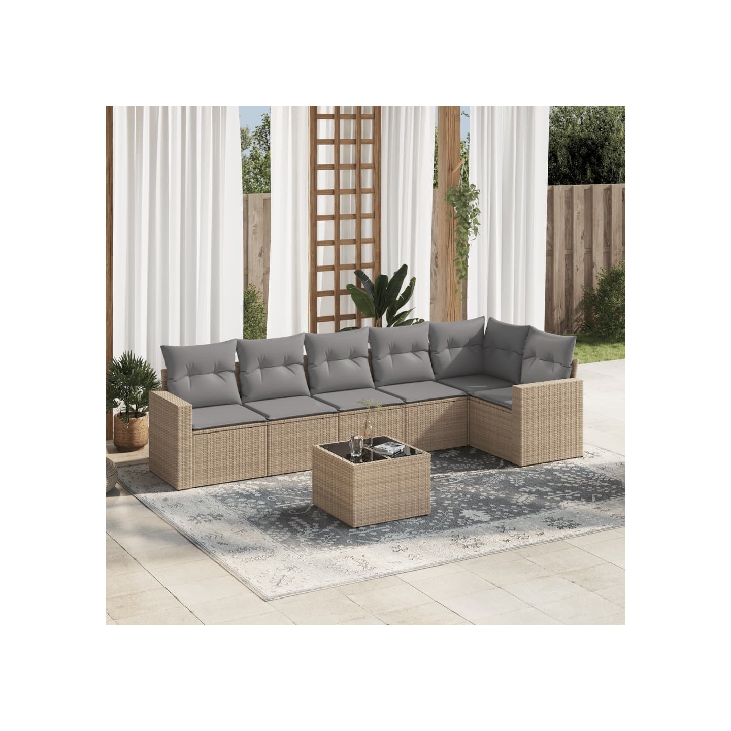 Salon de jardin avec coussins 7 pcs beige résine tressée