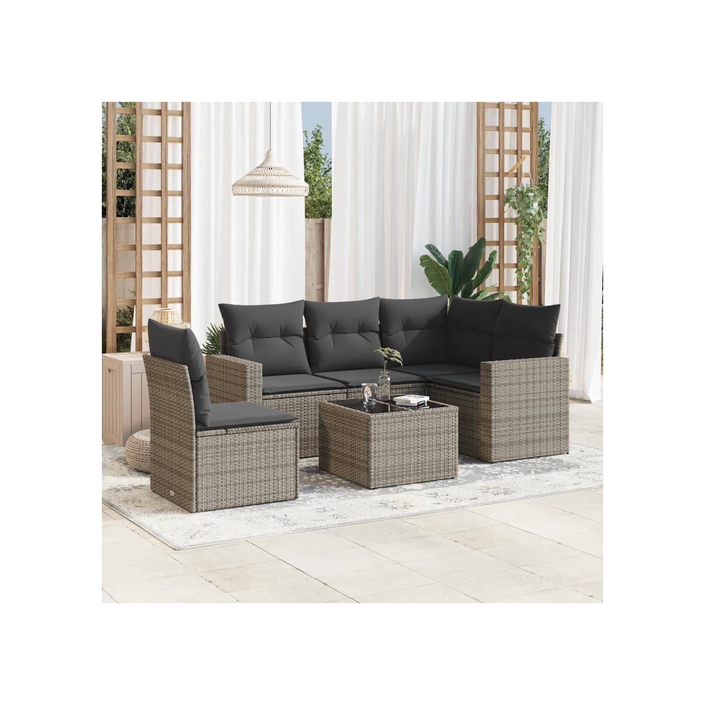 Salon de jardin 6 pcs avec coussins gris résine tressée