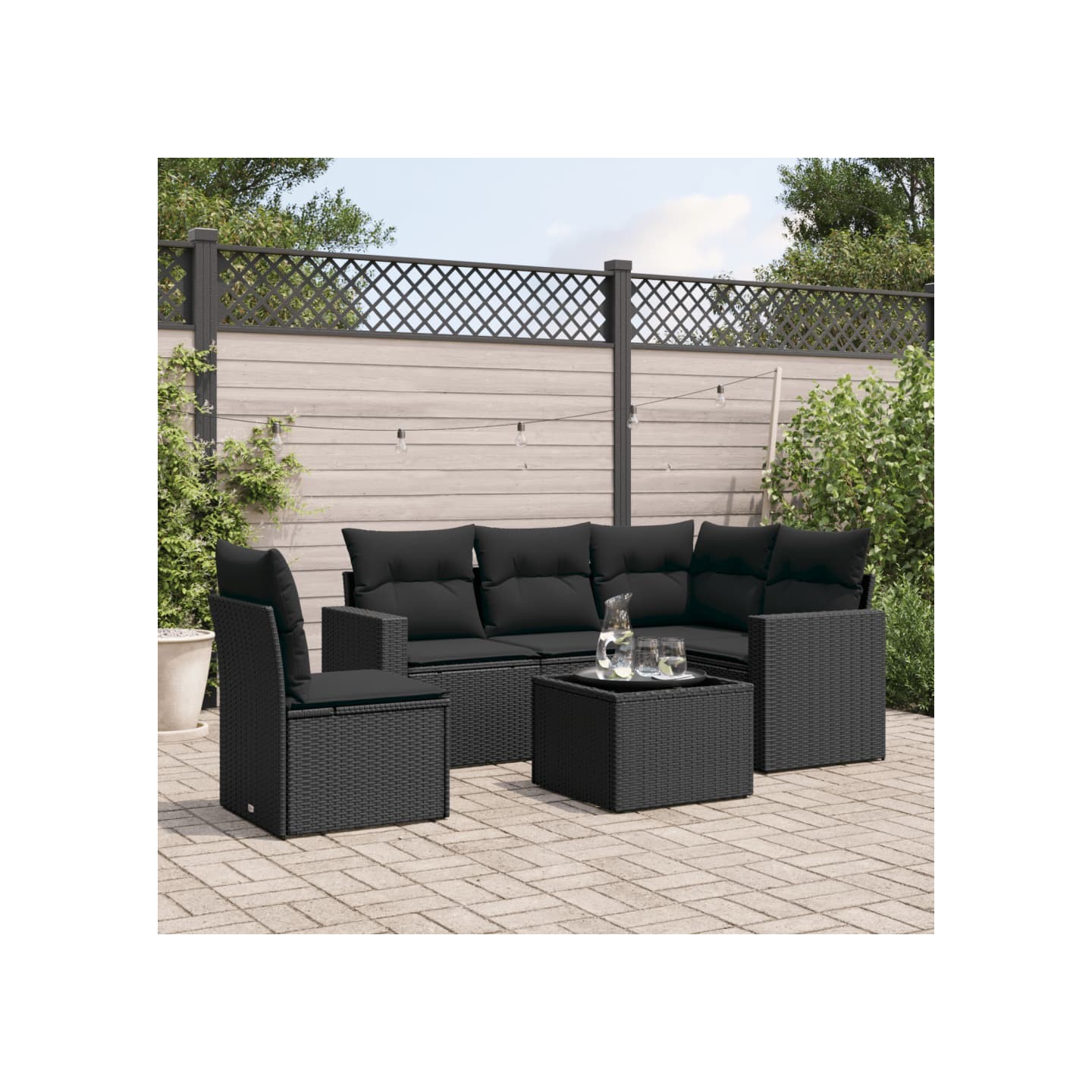 Salon de jardin 6 pcs avec coussins noir résine tressée