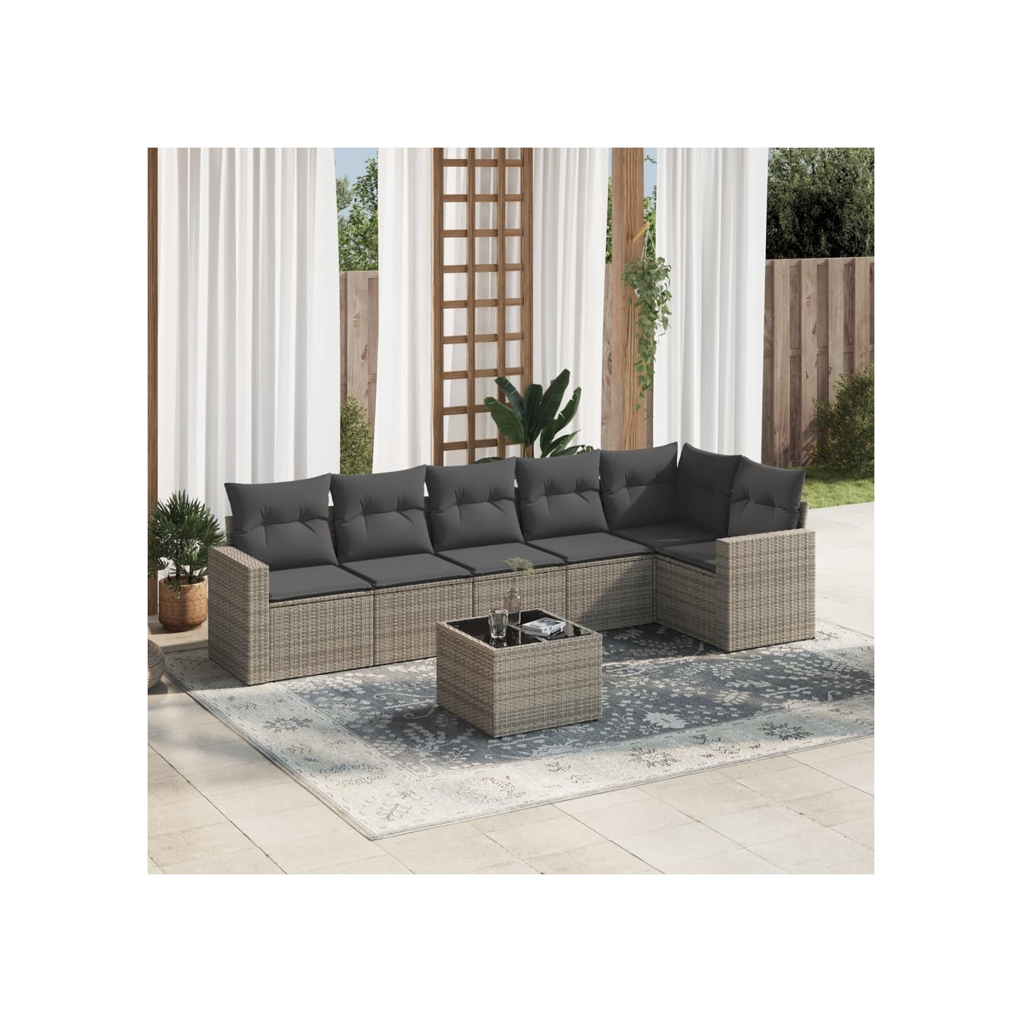 Salon de jardin avec coussins 7 pcs gris résine tressée