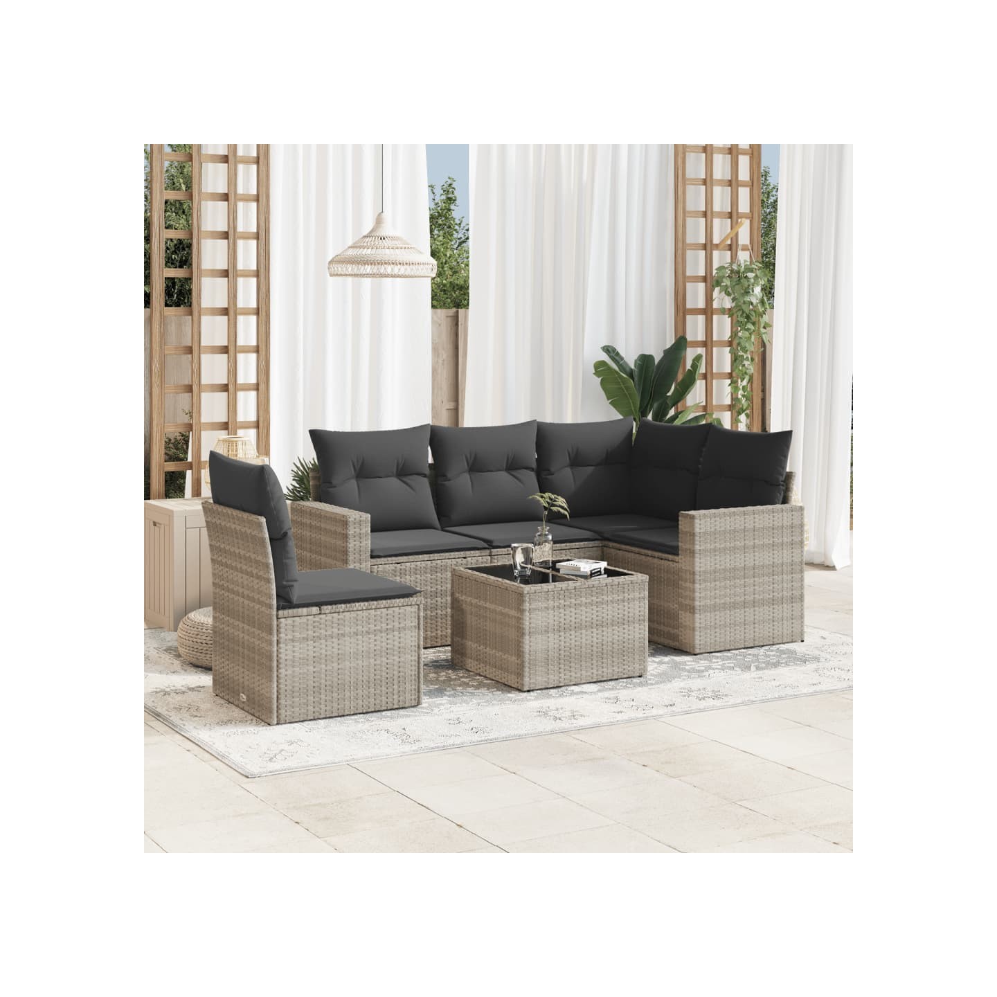 Salon de jardin 6 pcs avec coussins gris clair résine tressée