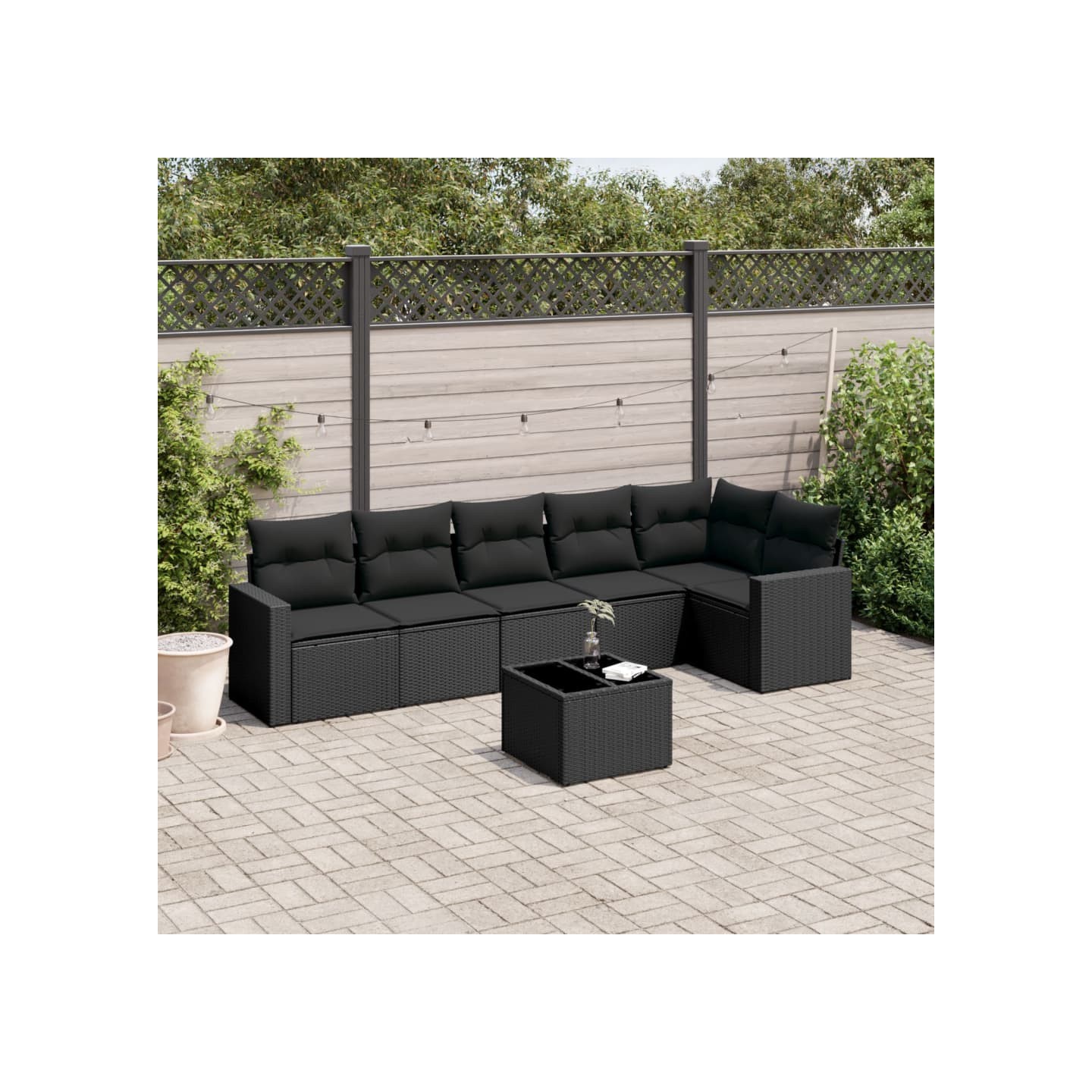 Salon de jardin 7 pcs avec coussins noir résine tressée