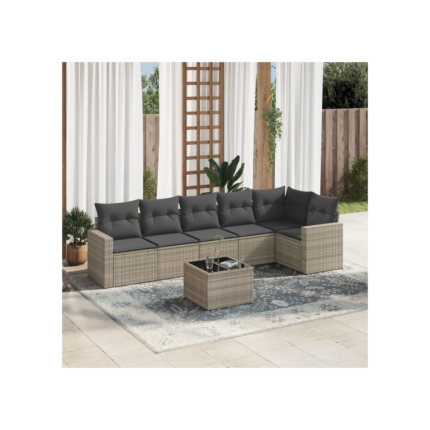 Salon de jardin avec coussins 7 pcs gris clair résine tressée