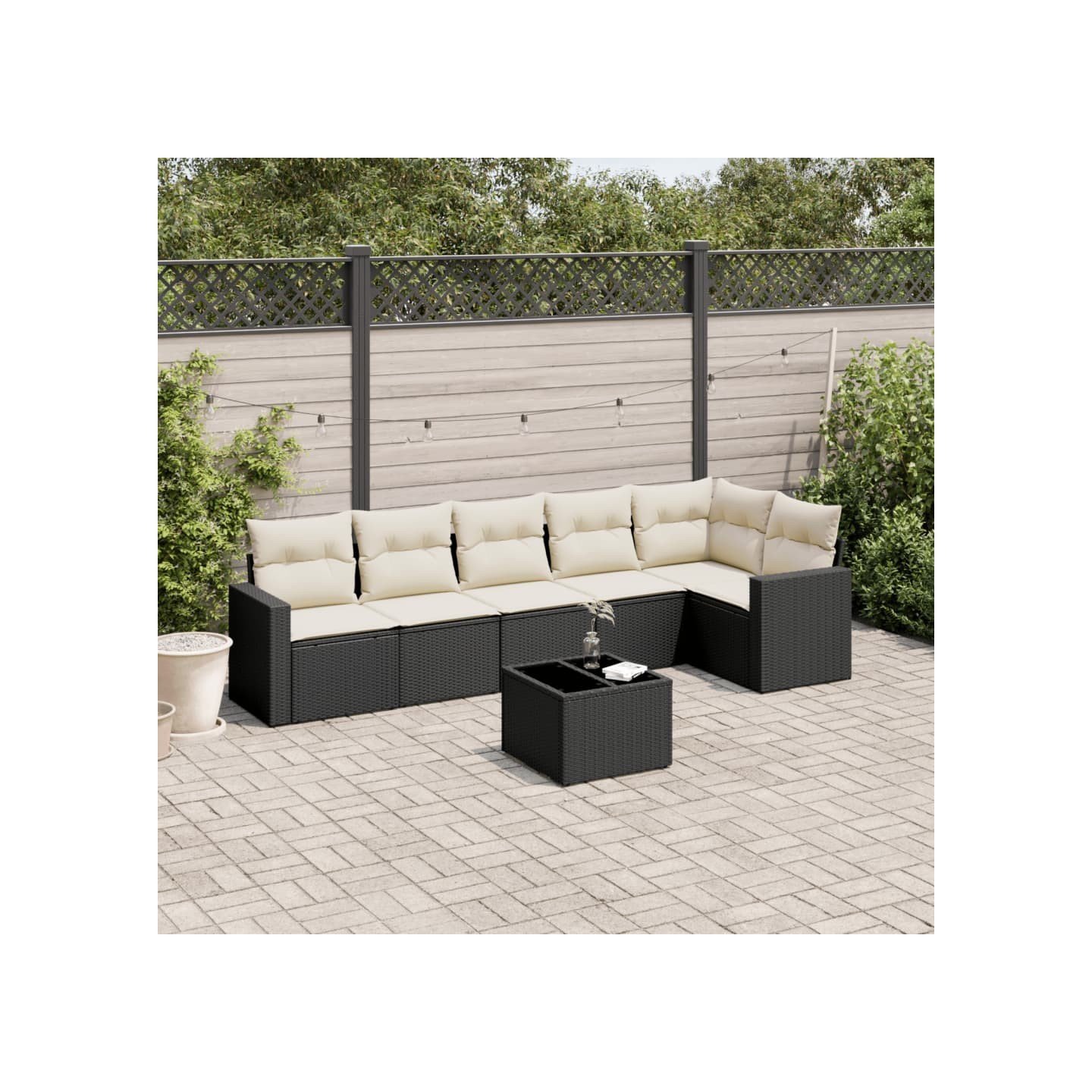 Salon de jardin 7 pcs avec coussins noir résine tressée