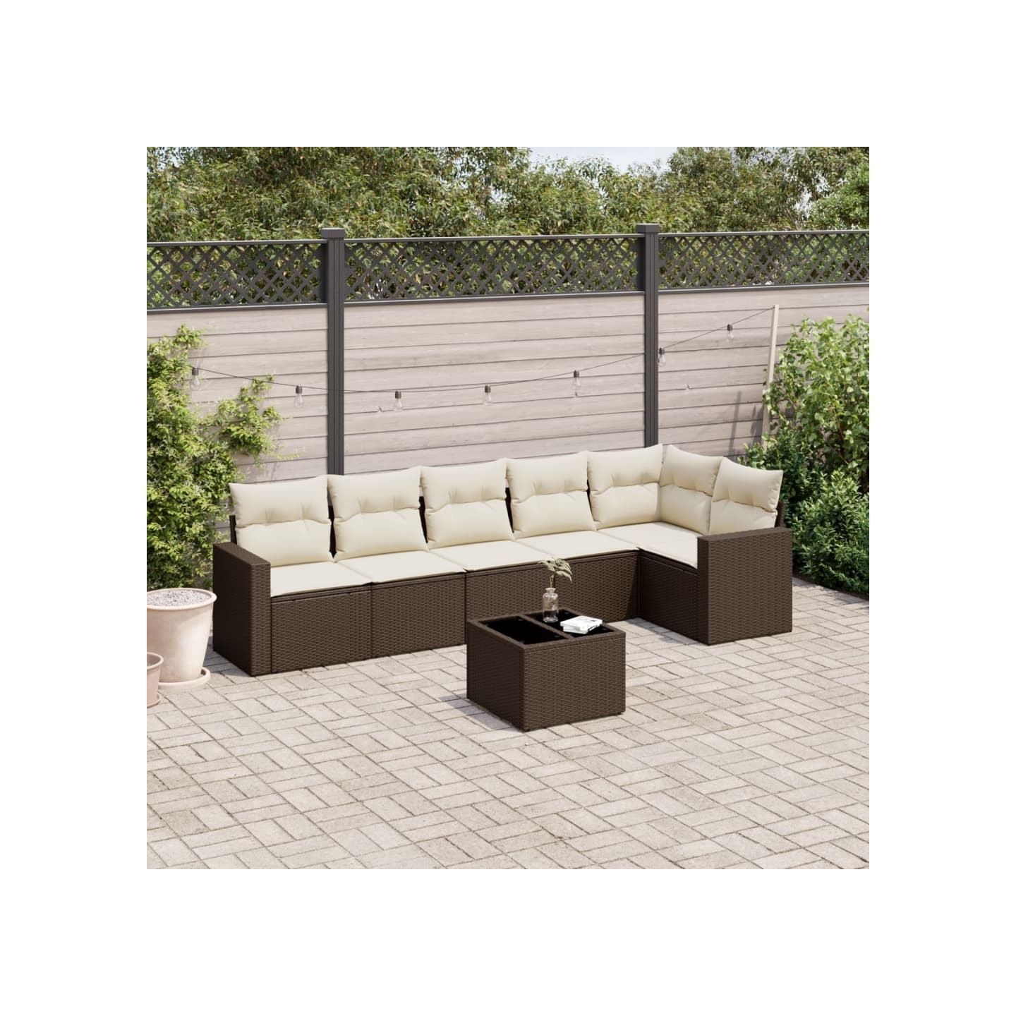 Salon de jardin avec coussins 7 pcs marron résine tressée