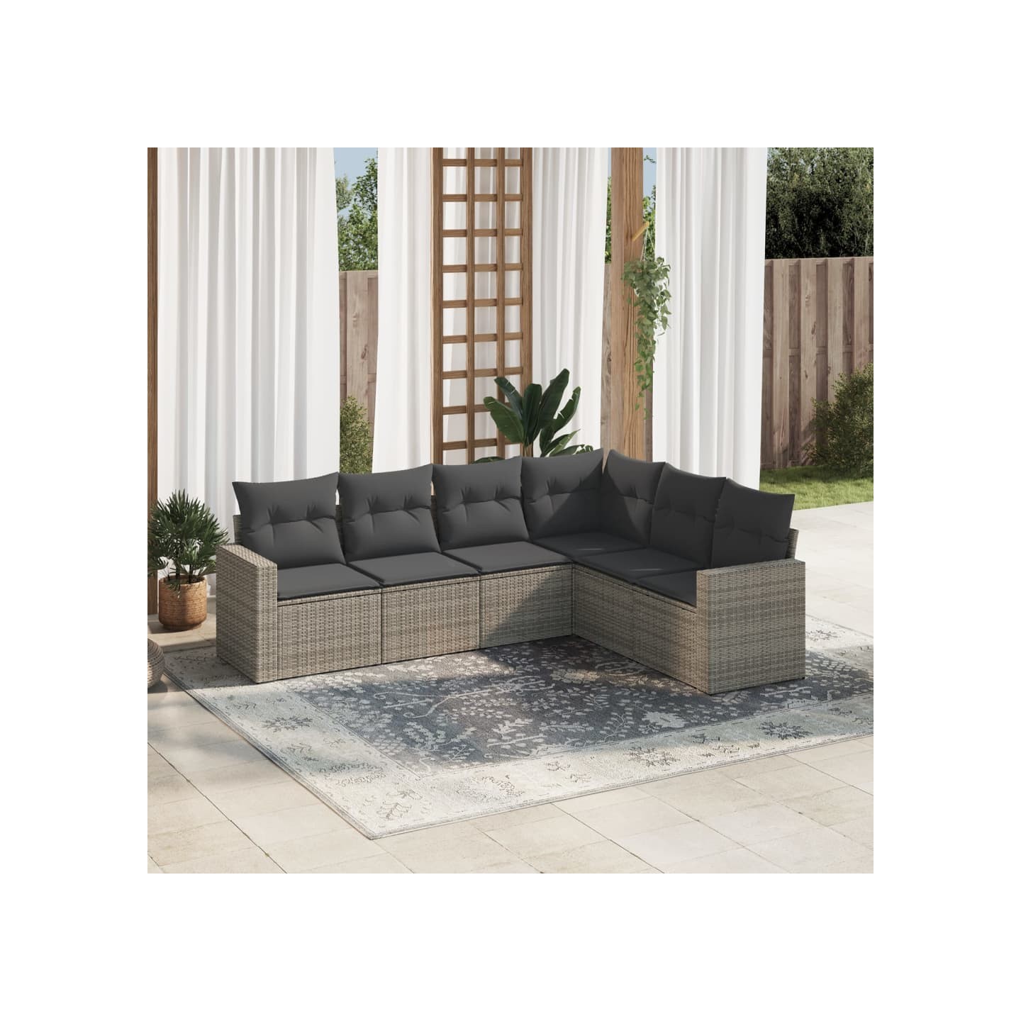 Salon de jardin 6 pcs avec coussins gris résine tressée