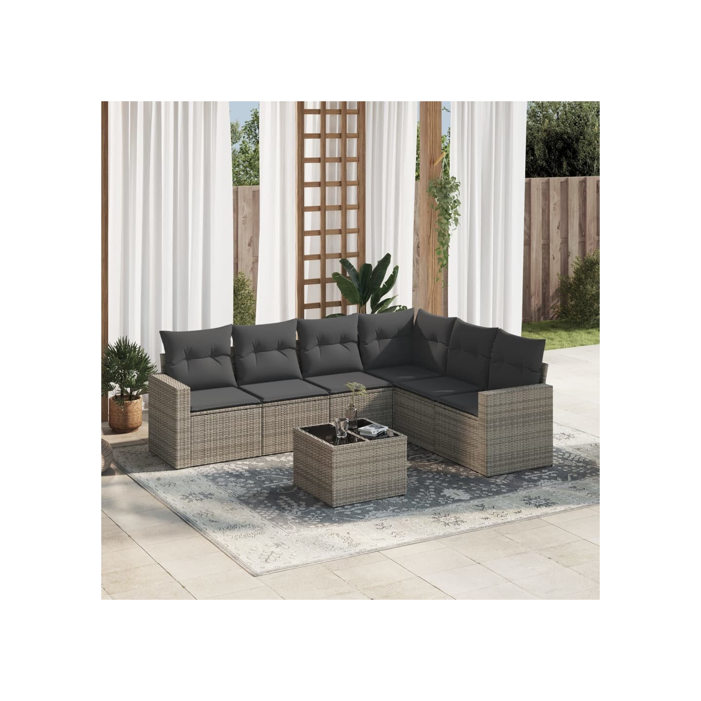 Salon de jardin avec coussins 7 pcs gris résine tressée