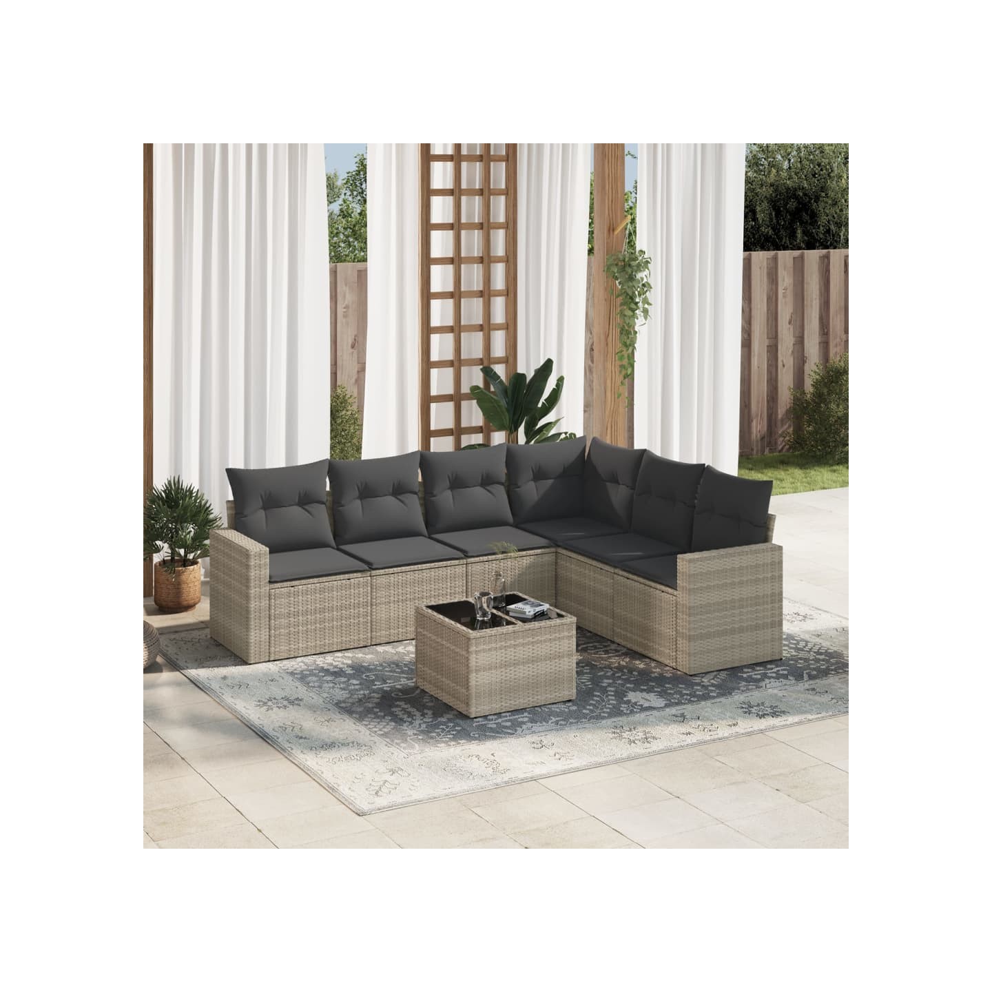 Salon de jardin avec coussins 7 pcs gris clair résine tressée