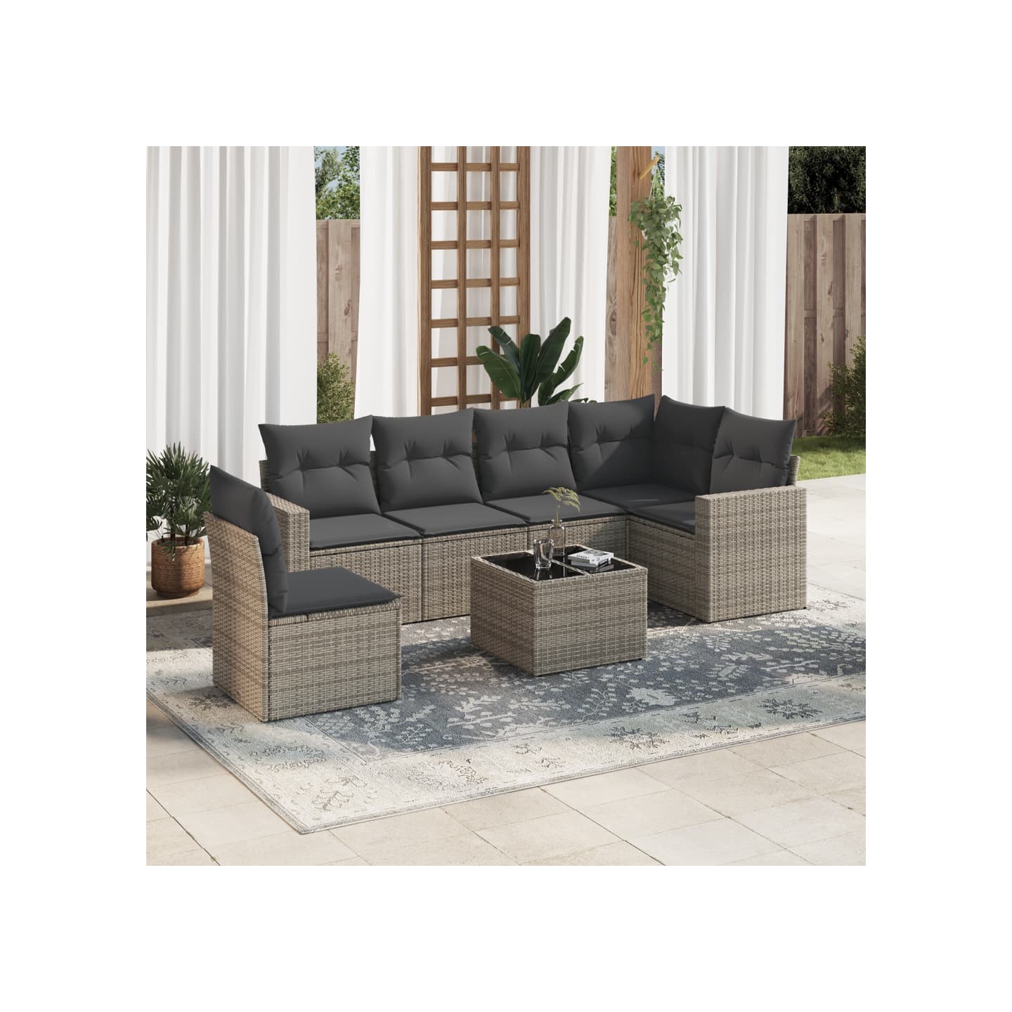 Salon de jardin avec coussins 7 pcs gris résine tressée