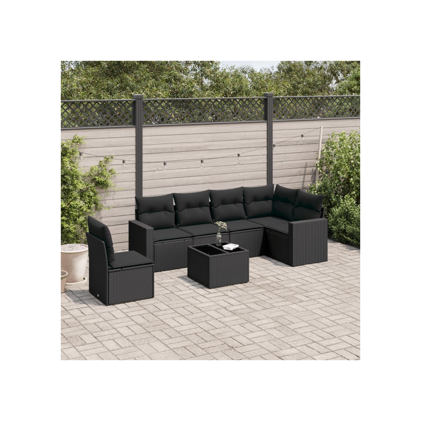 Salon de jardin 7 pcs avec coussins noir résine tressée