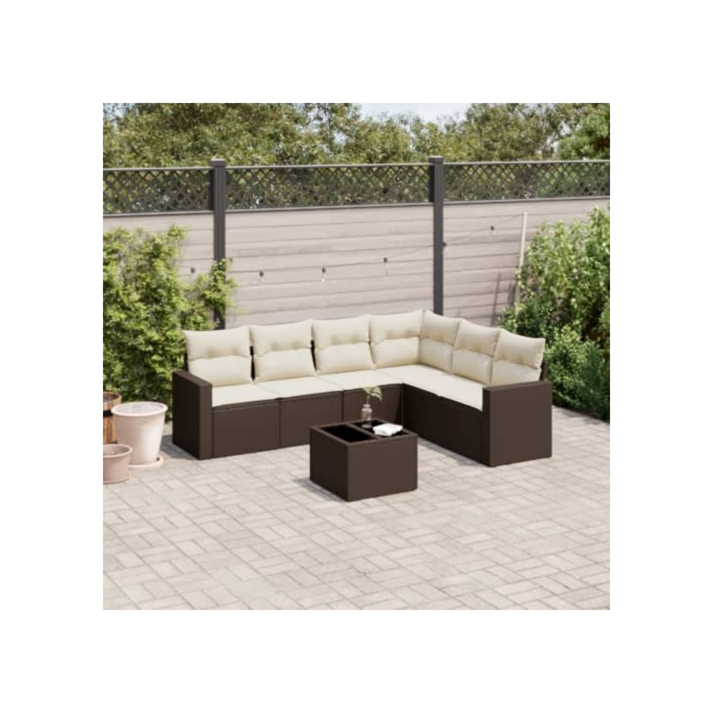 Salon de jardin avec coussins 7 pcs marron résine tressée