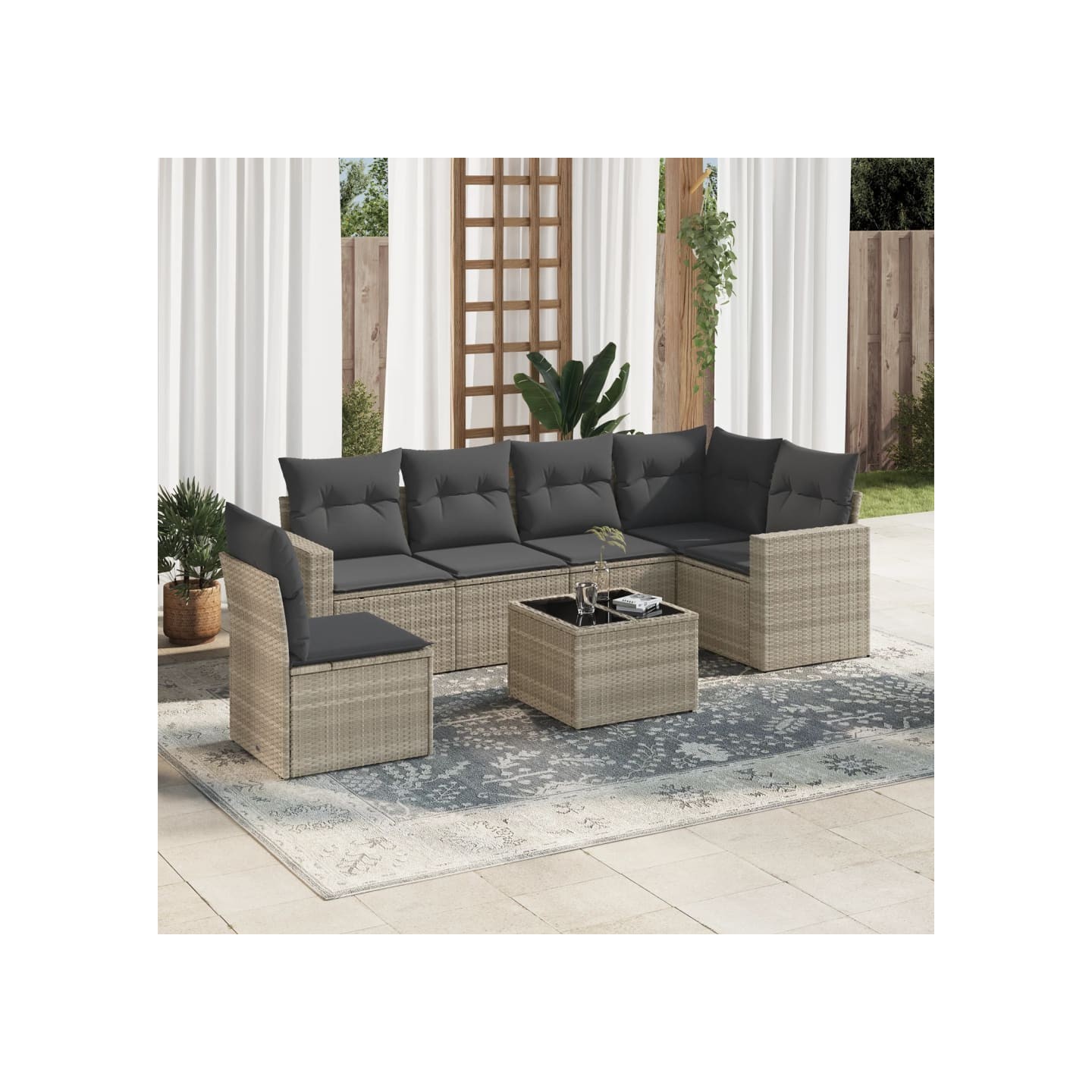 Salon de jardin avec coussins 7 pcs gris clair résine tressée