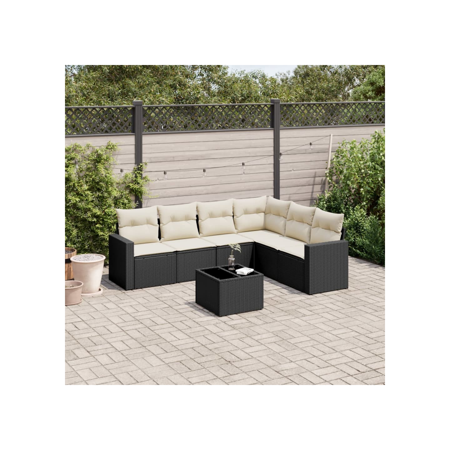 Salon de jardin 7 pcs avec coussins noir résine tressée