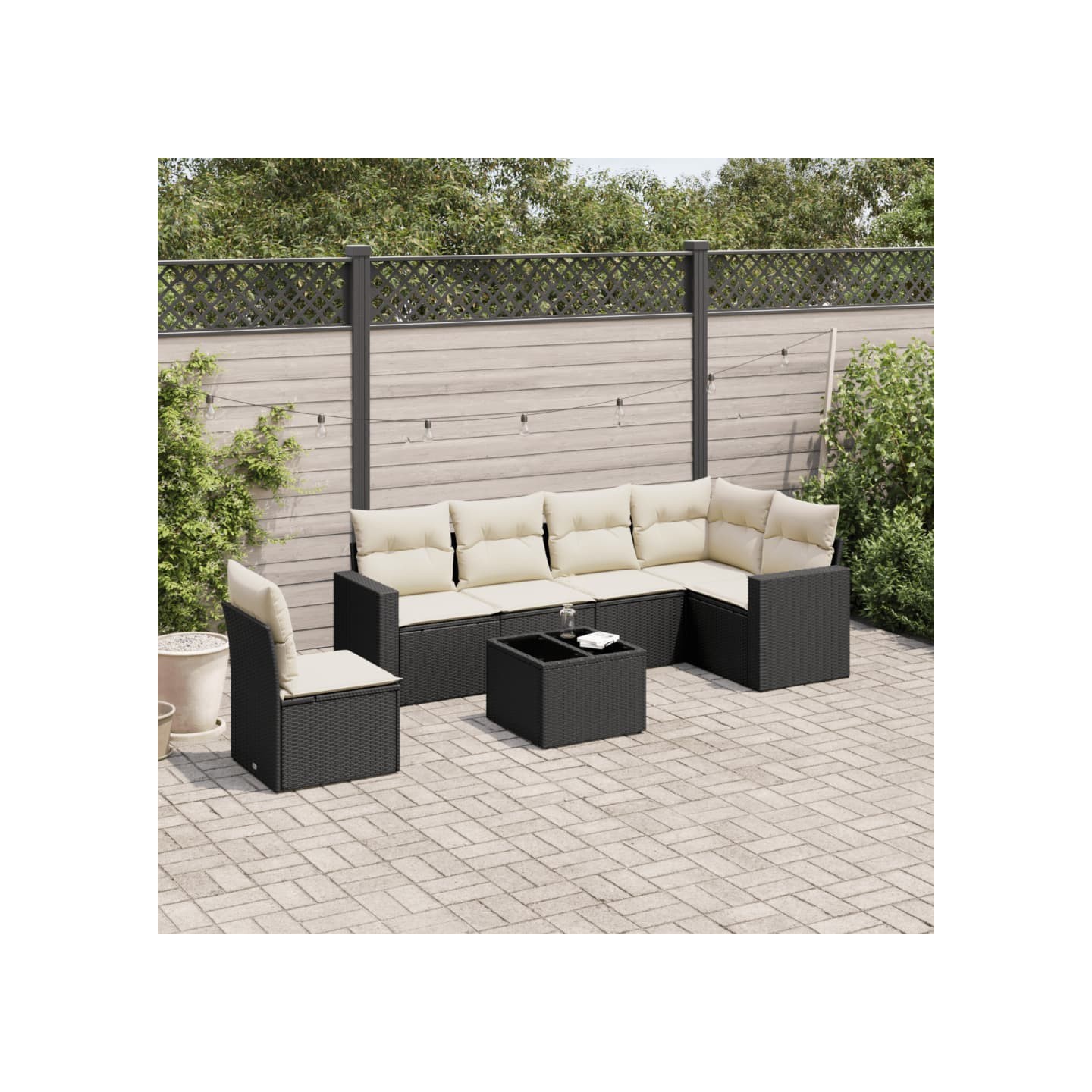 Salon de jardin 7 pcs avec coussins noir résine tressée