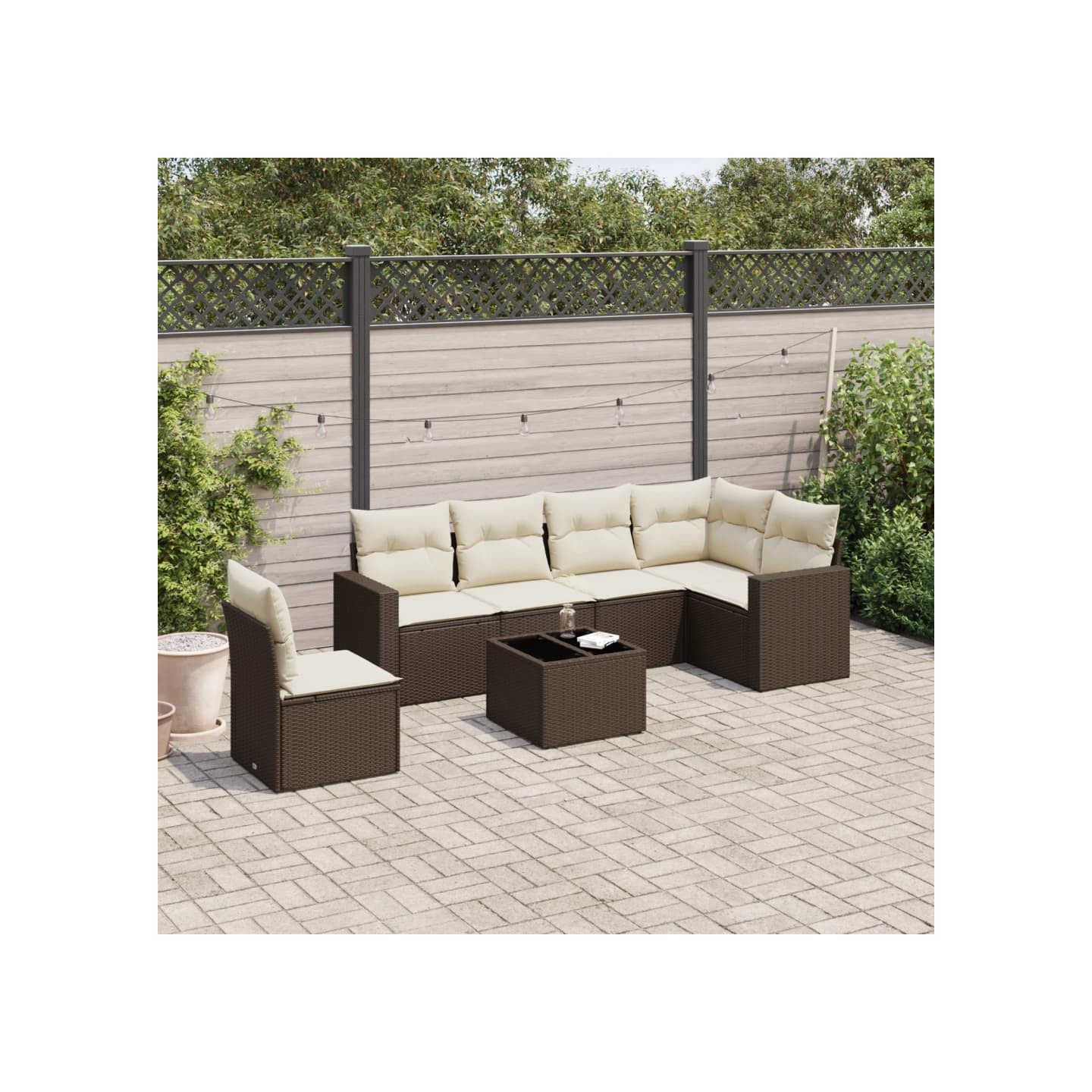 Salon de jardin avec coussins 7 pcs marron résine tressée