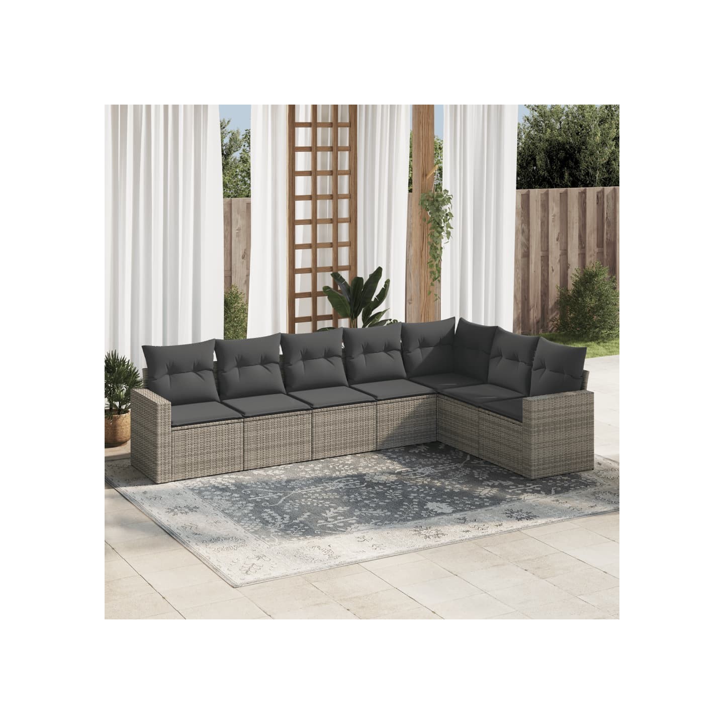 Salon de jardin avec coussins 7 pcs gris résine tressée