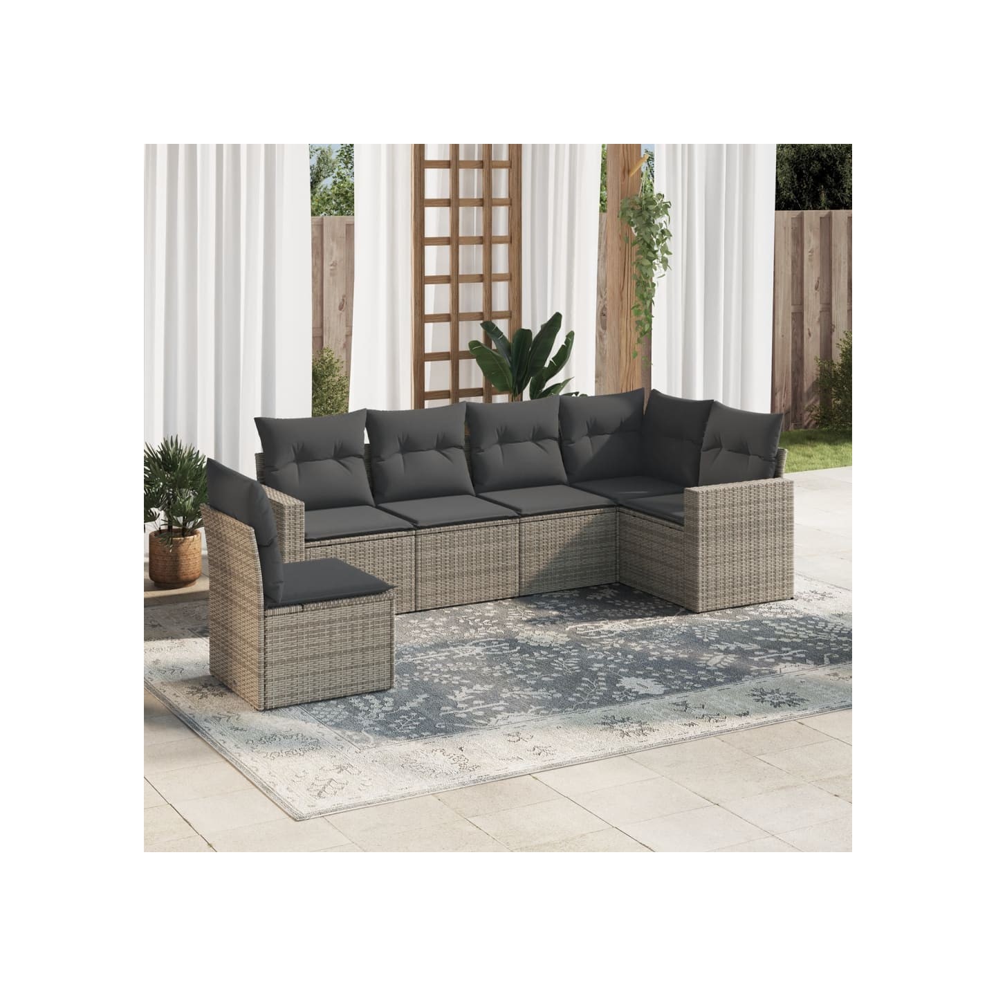 Salon de jardin 6 pcs avec coussins gris résine tressée