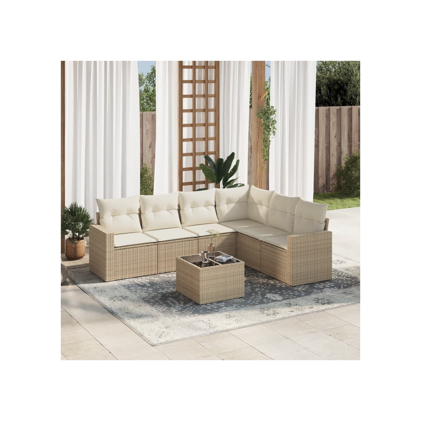 Salon de jardin avec coussins 7 pcs beige résine tressée