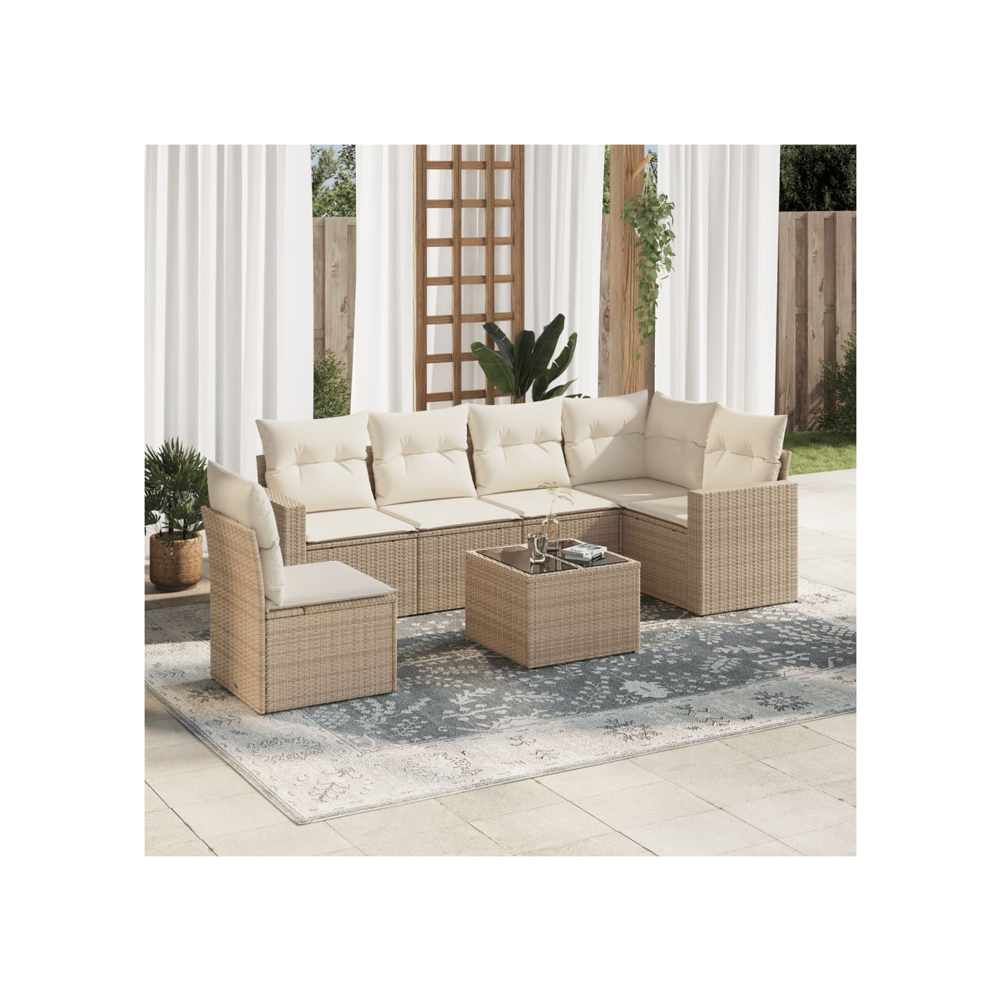Salon de jardin avec coussins 7 pcs beige résine tressée