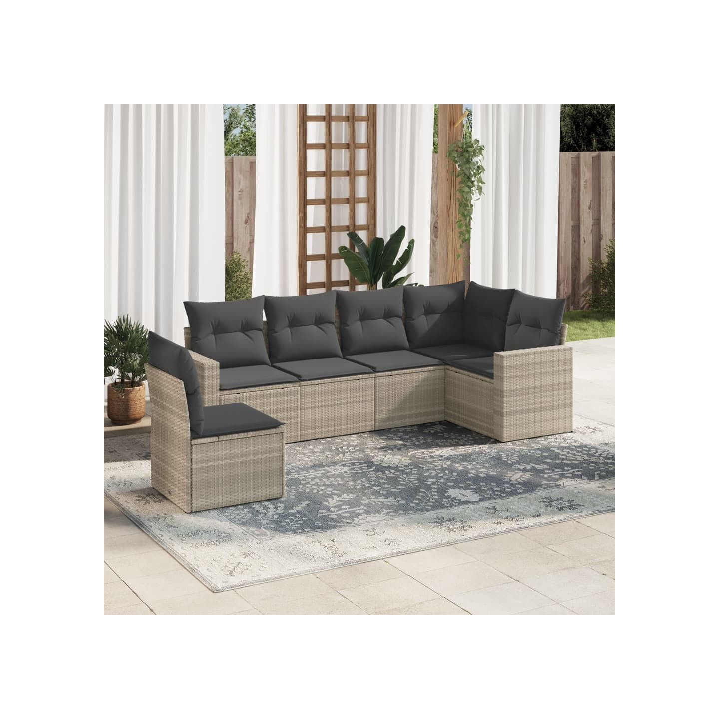 Salon de jardin 6 pcs avec coussins gris clair résine tressée
