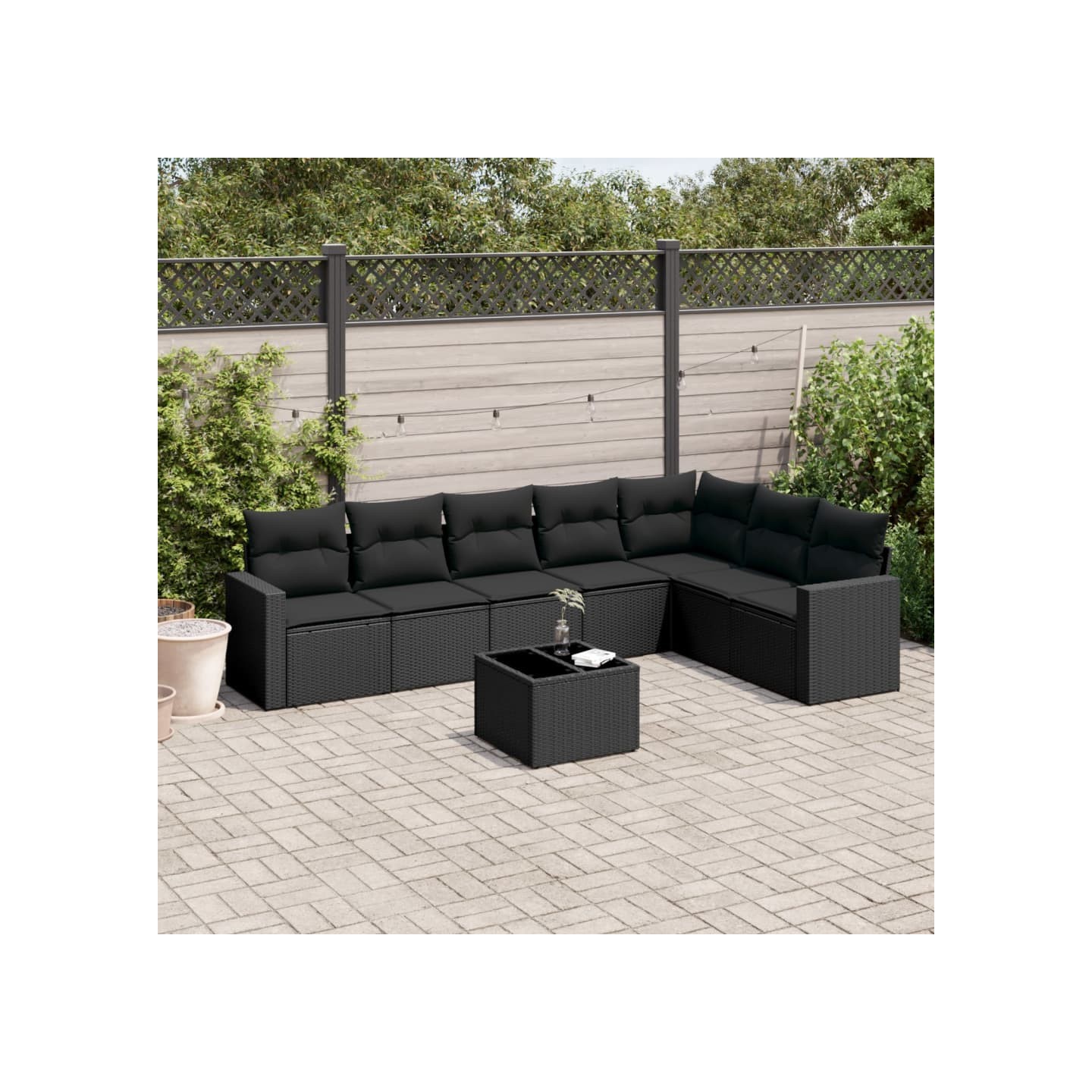 Salon de jardin 8 pcs avec coussins noir résine tressée