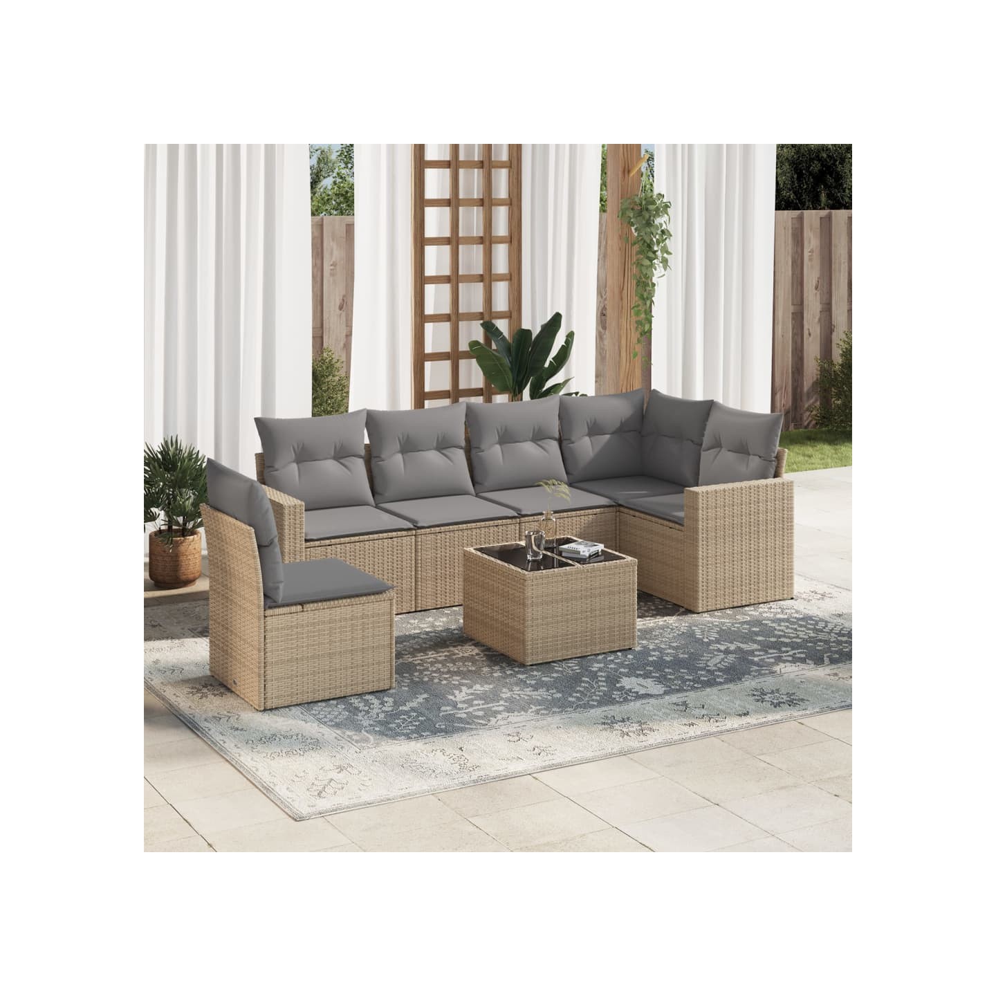 Salon de jardin avec coussins 7 pcs beige résine tressée