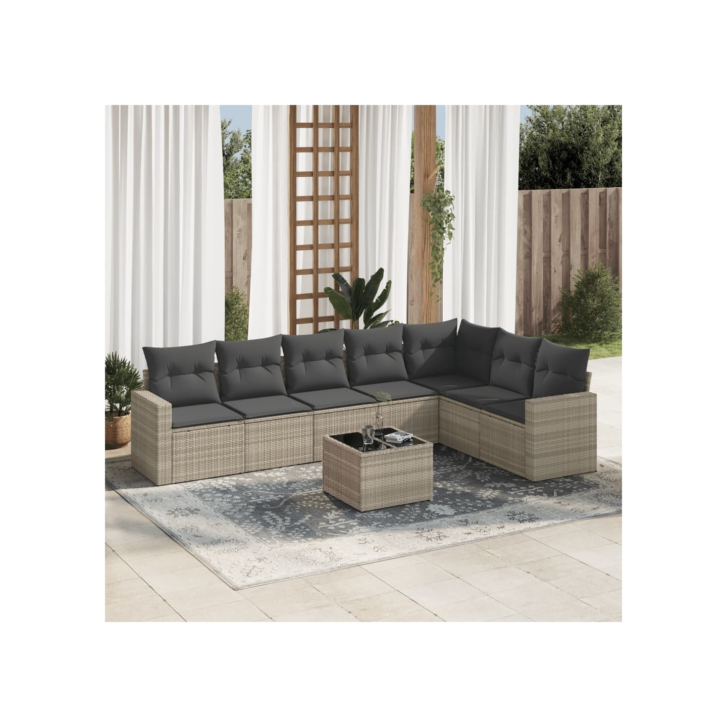 Salon de jardin 8 pcs avec coussins gris clair résine tressée